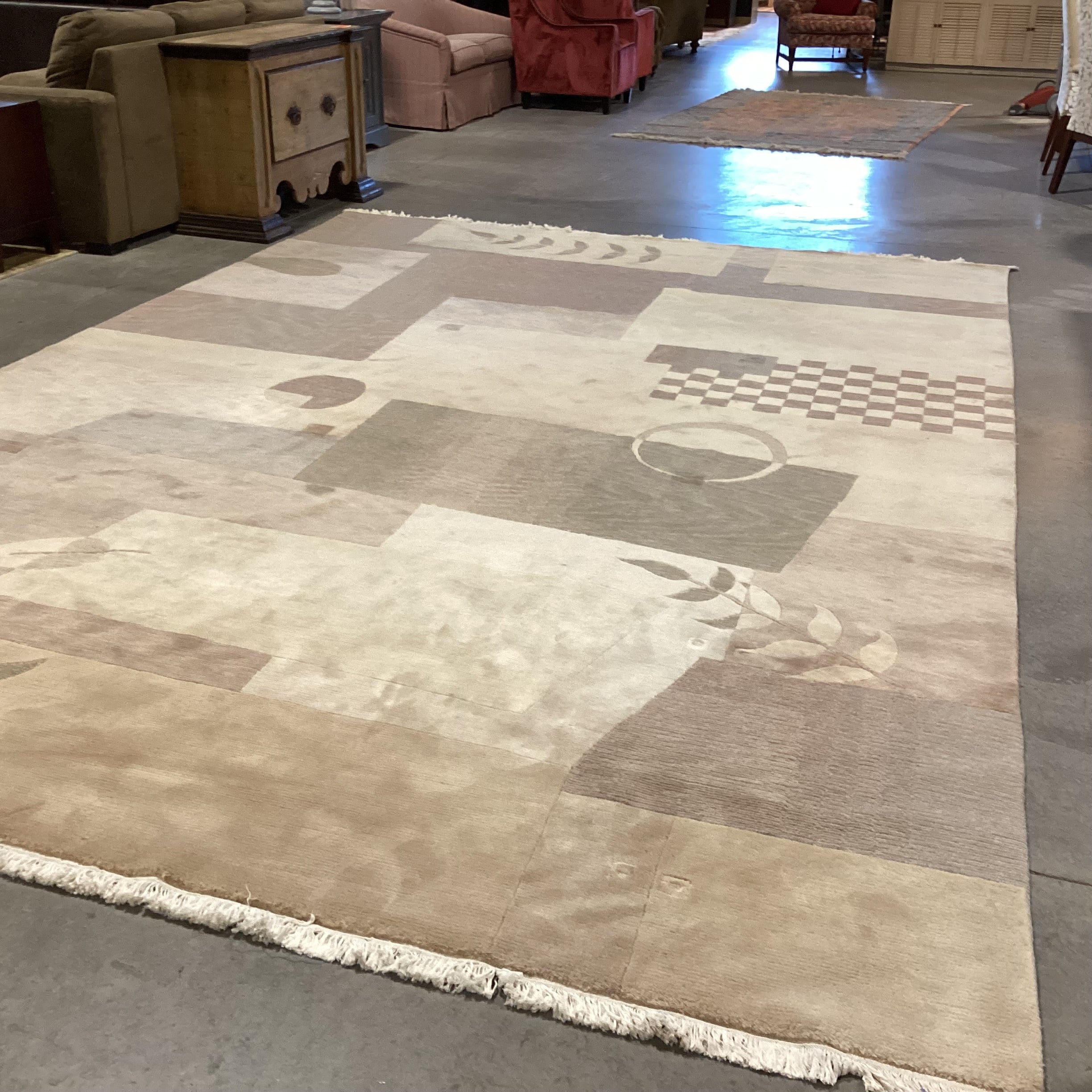 Cream Beige Tan Taupe Modern with Leaf Design Hand Woven Wool Rug 10’ x 15’4”