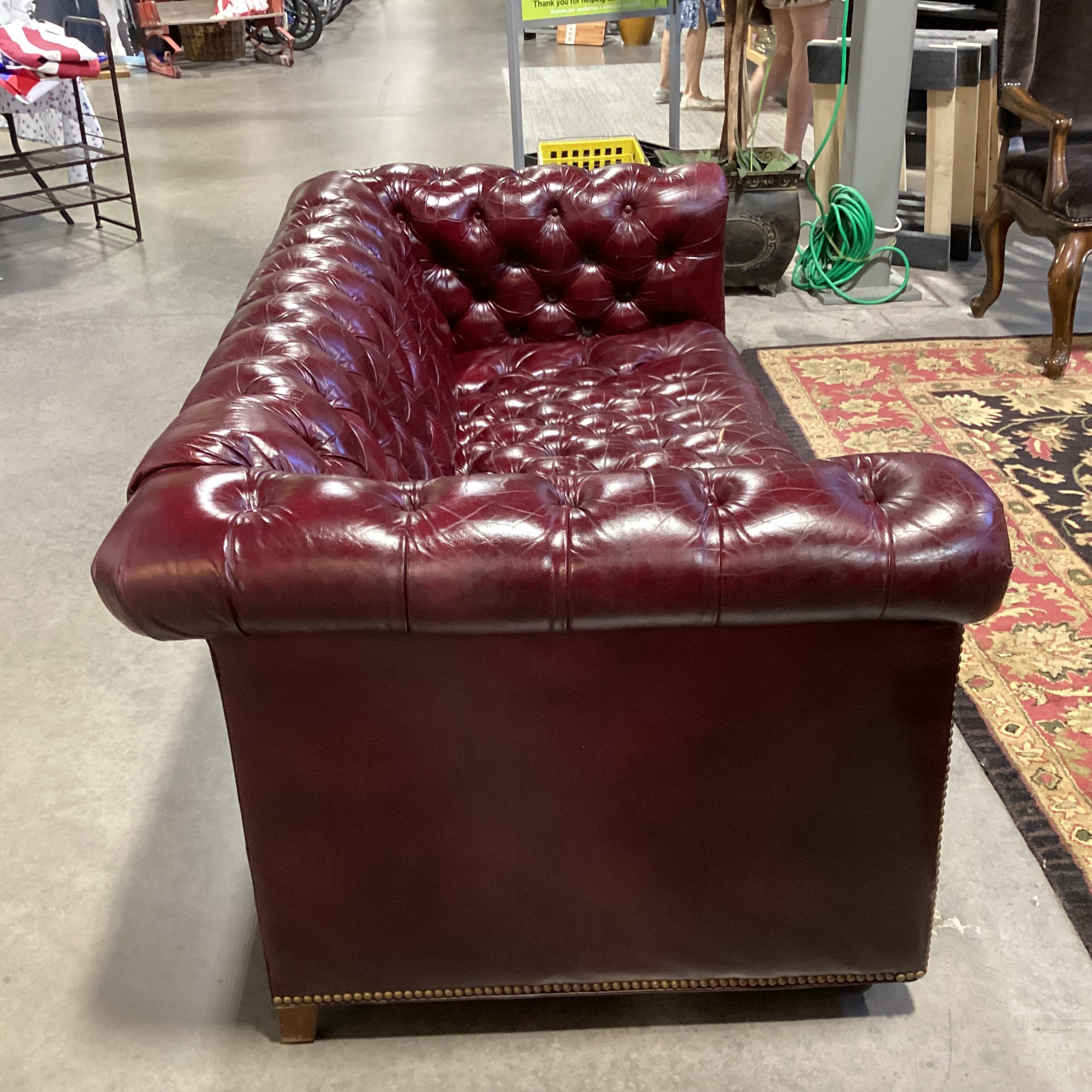 Vintage Burgundy Tufted Leather Nail Head on Casters Chesterfield Loveseat Sofa 69"x 36"x 28"