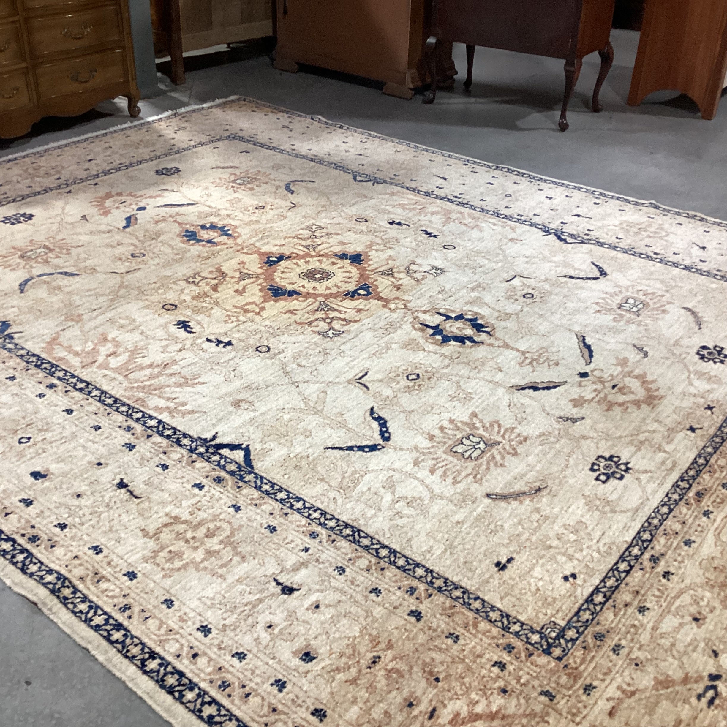Cream Tan Blue Hand Woven Wool Rug 10' x 12" 9"