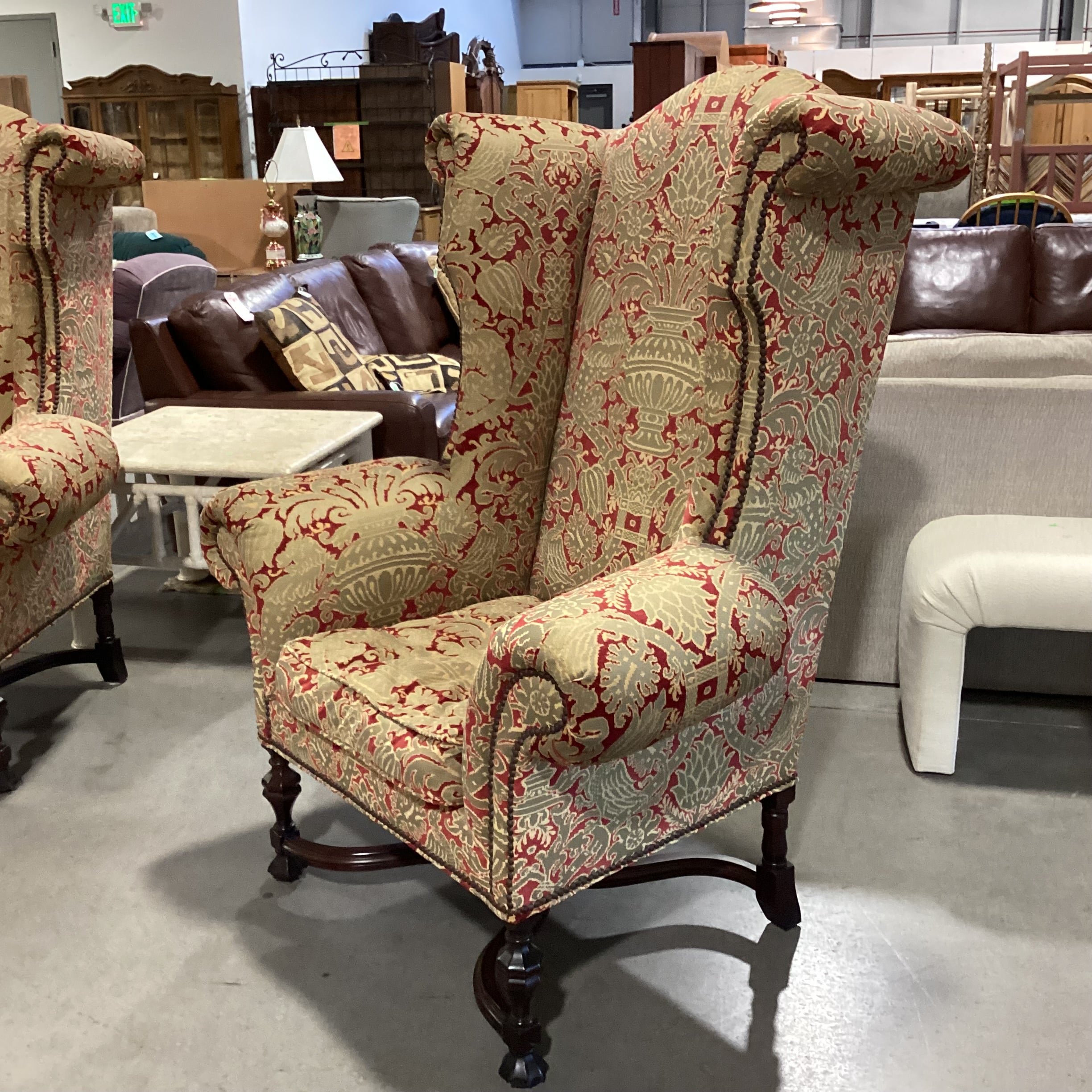 Lee Jofa Gold & Red Raised Design Nailhead Roll Arm & Wing with Carved Wood Base Chair 44"x 36"x 56"