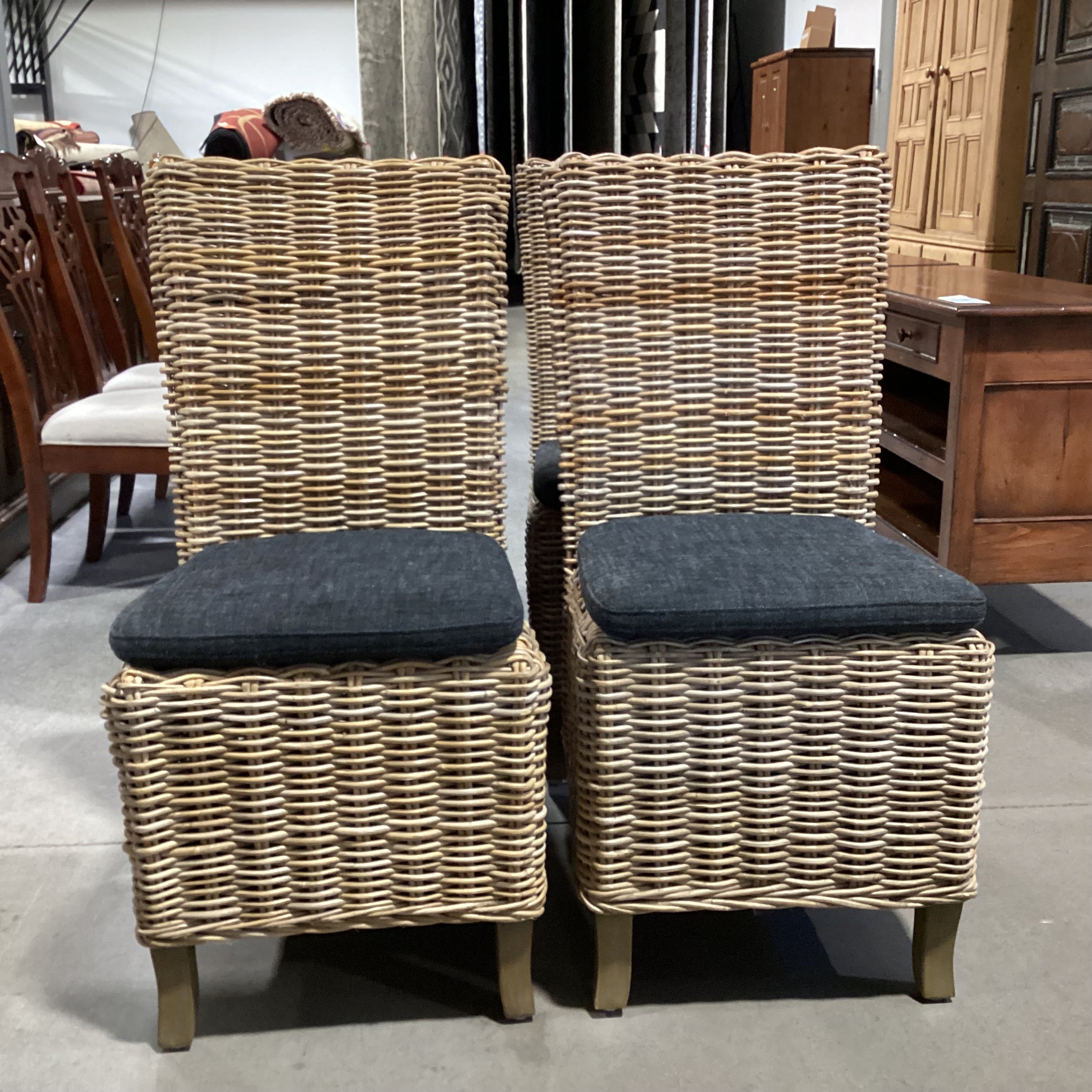 SET of 4 Wicker Woven Rattan with Charcoal Cushion Dining Chairs 20"x 23"x 40"