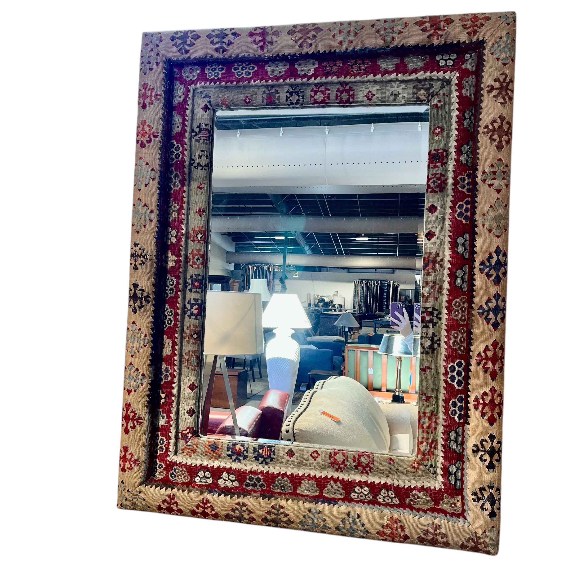 Large Kilim Wrapped Beveled Wall Mirror; 42"x 46"x 5.5"