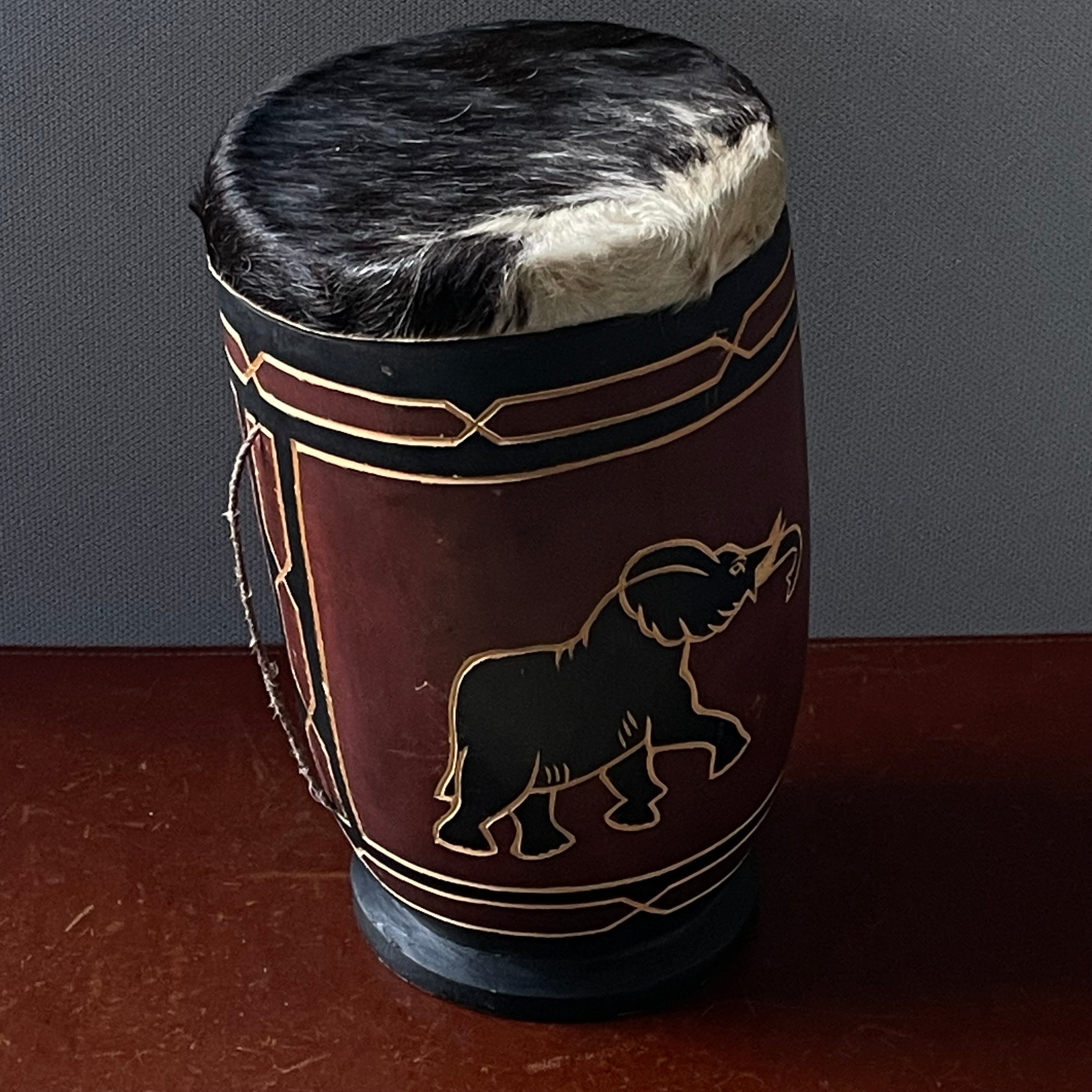 Set of 2 Handcrafted African Hide Covered Elephant and Rhino Drums