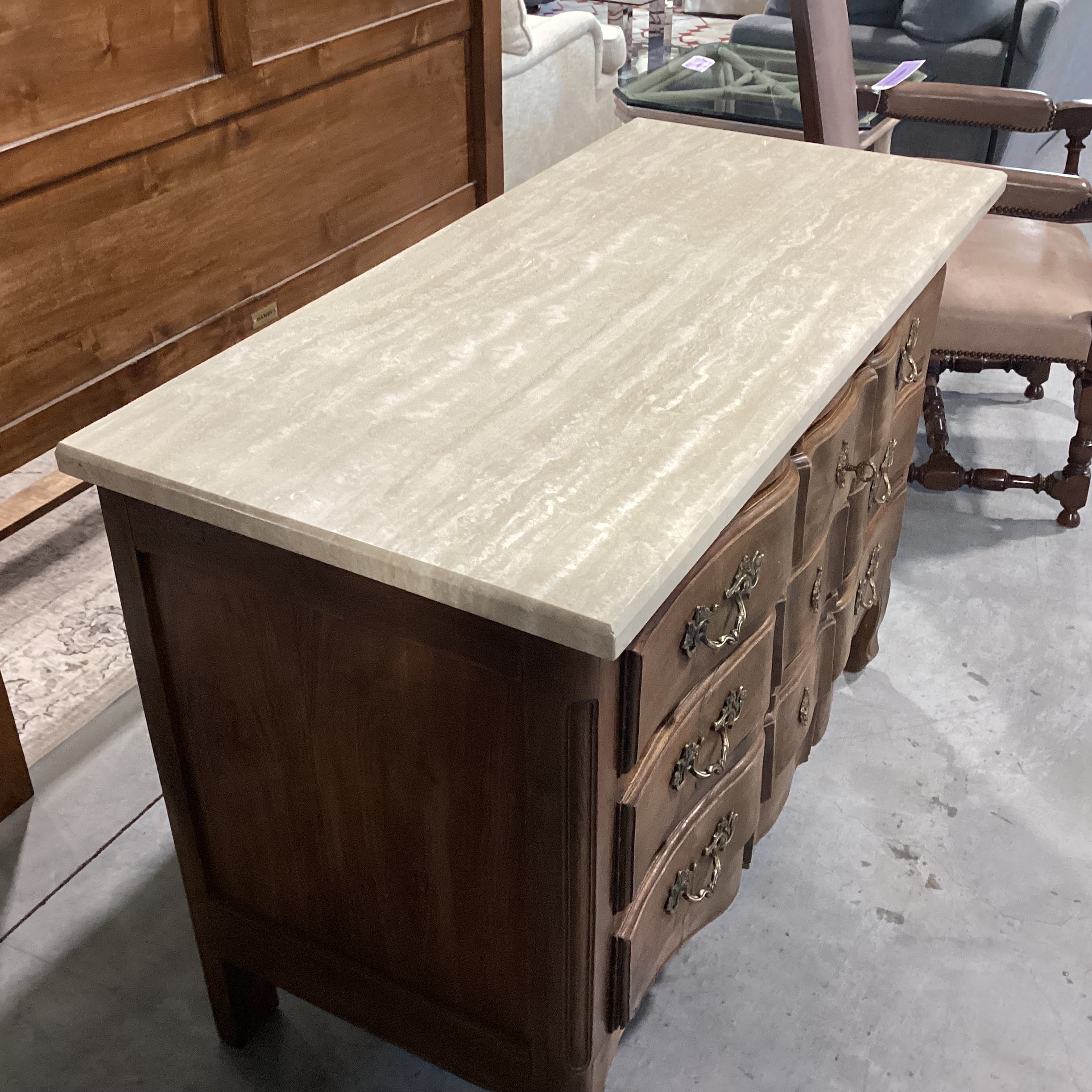 Antique French Provincial Oak 3 Drawer with Travertine Top Chest 47"x 22"x 34"