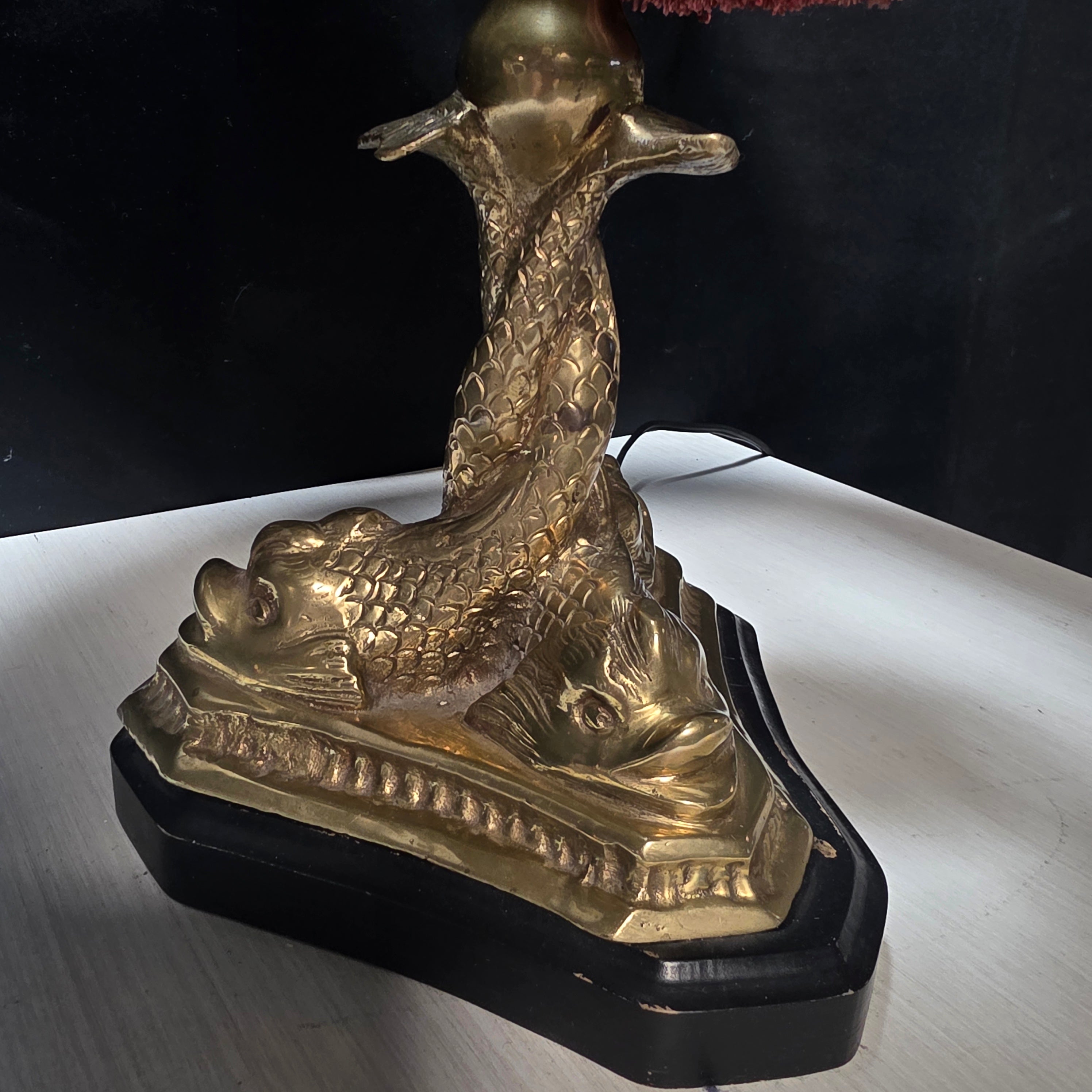 Vintage 3 Koi Fish Brass Two Light Lamp with Tassle 15"Dx21"