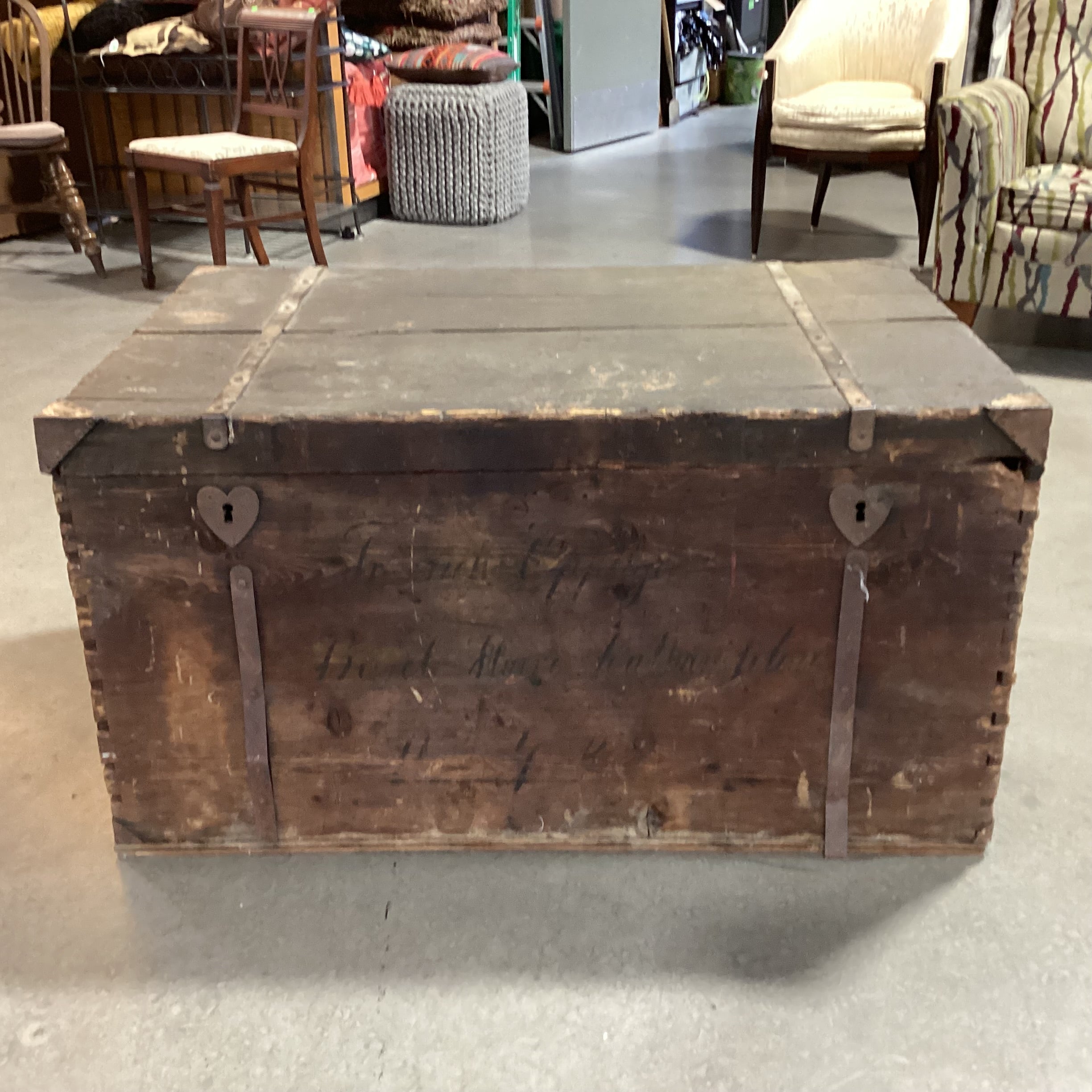 Antique Wood With Iron Bands & Heart Keyhole Trunk 42"x 28"x 23"