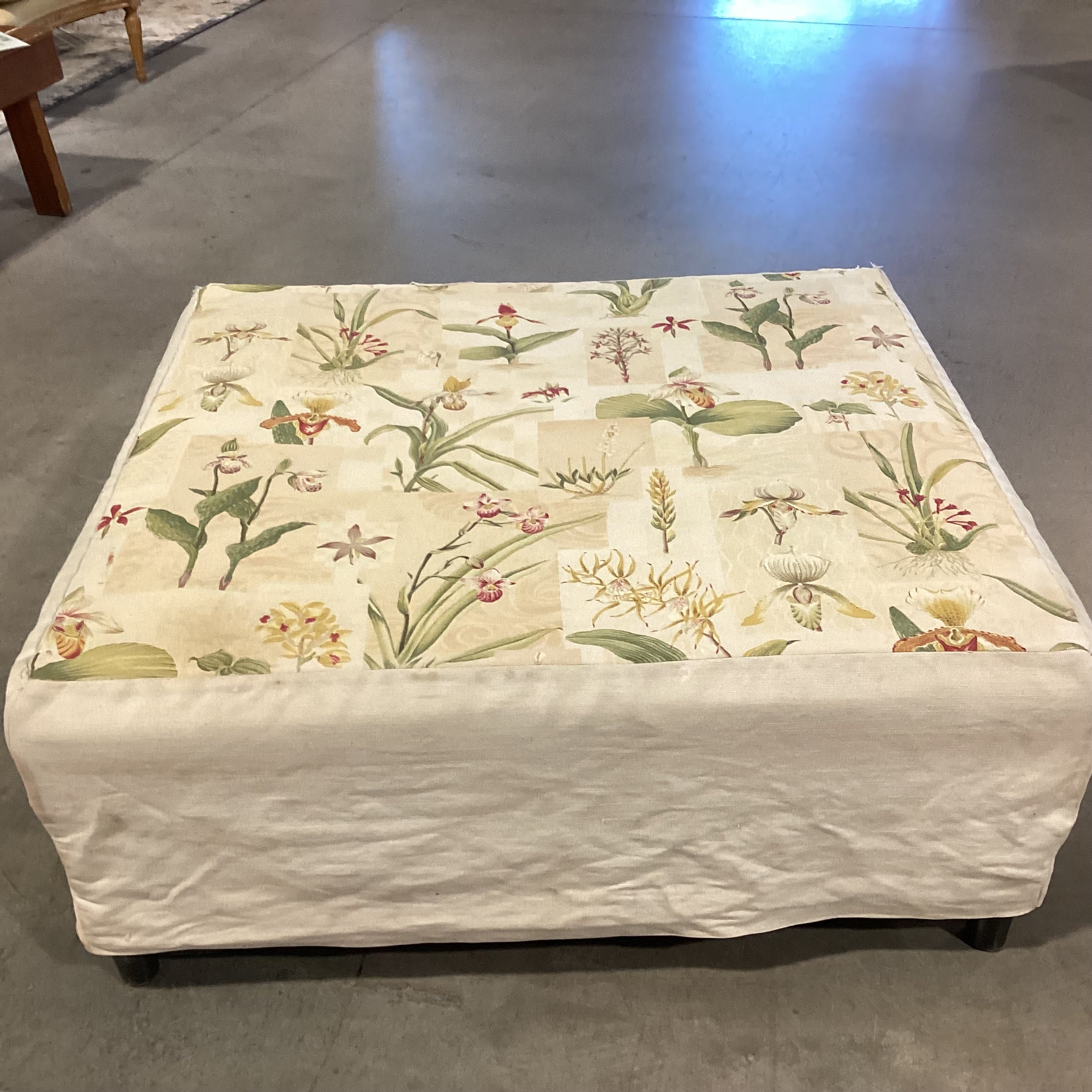Floral Linen Slipcovered Ottoman 42"x 37"x 17"
