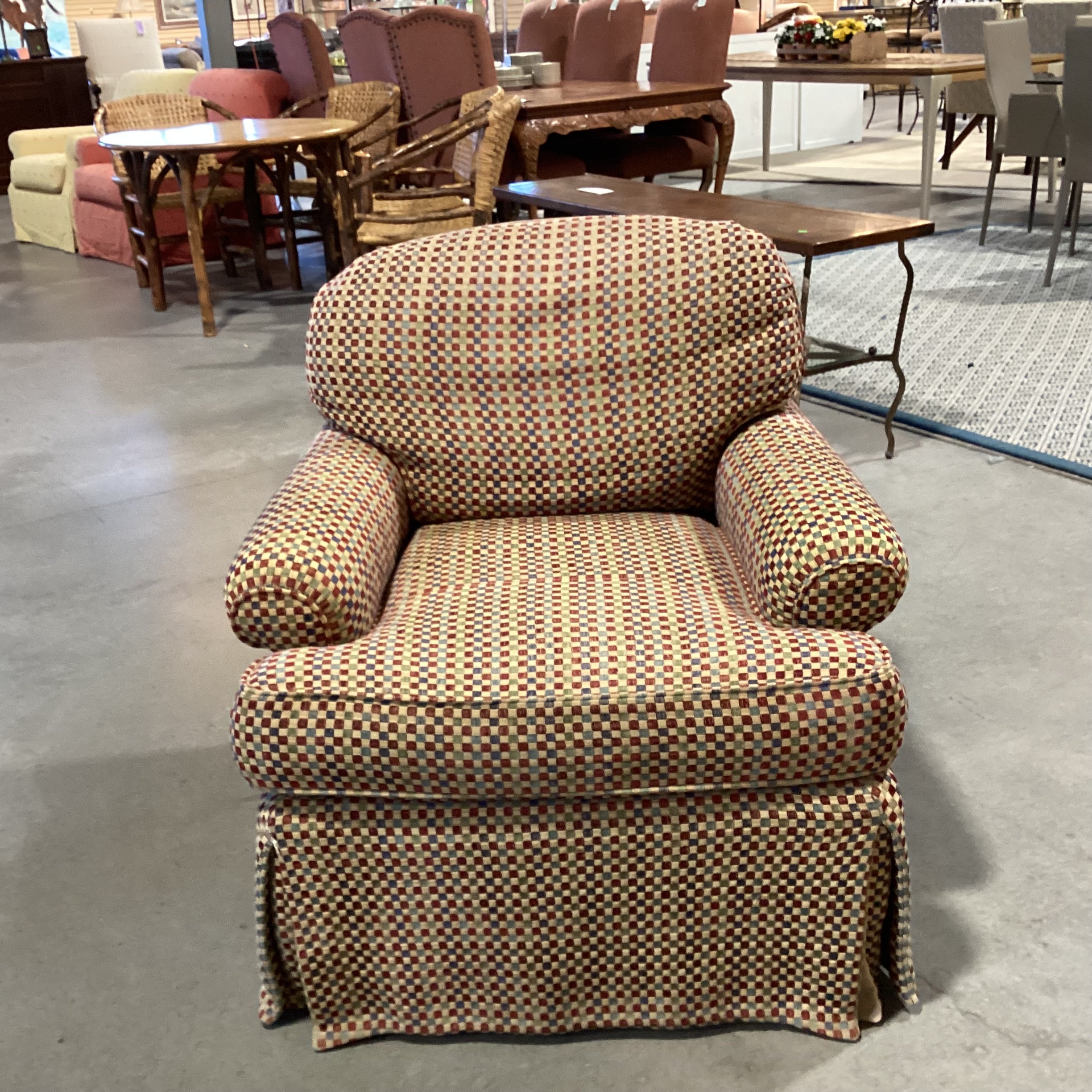 J Banks & Stanford Furniture Gold Red Blue Green Checker Woven Upholstered Swivel Chair 33"x 36"x 31"