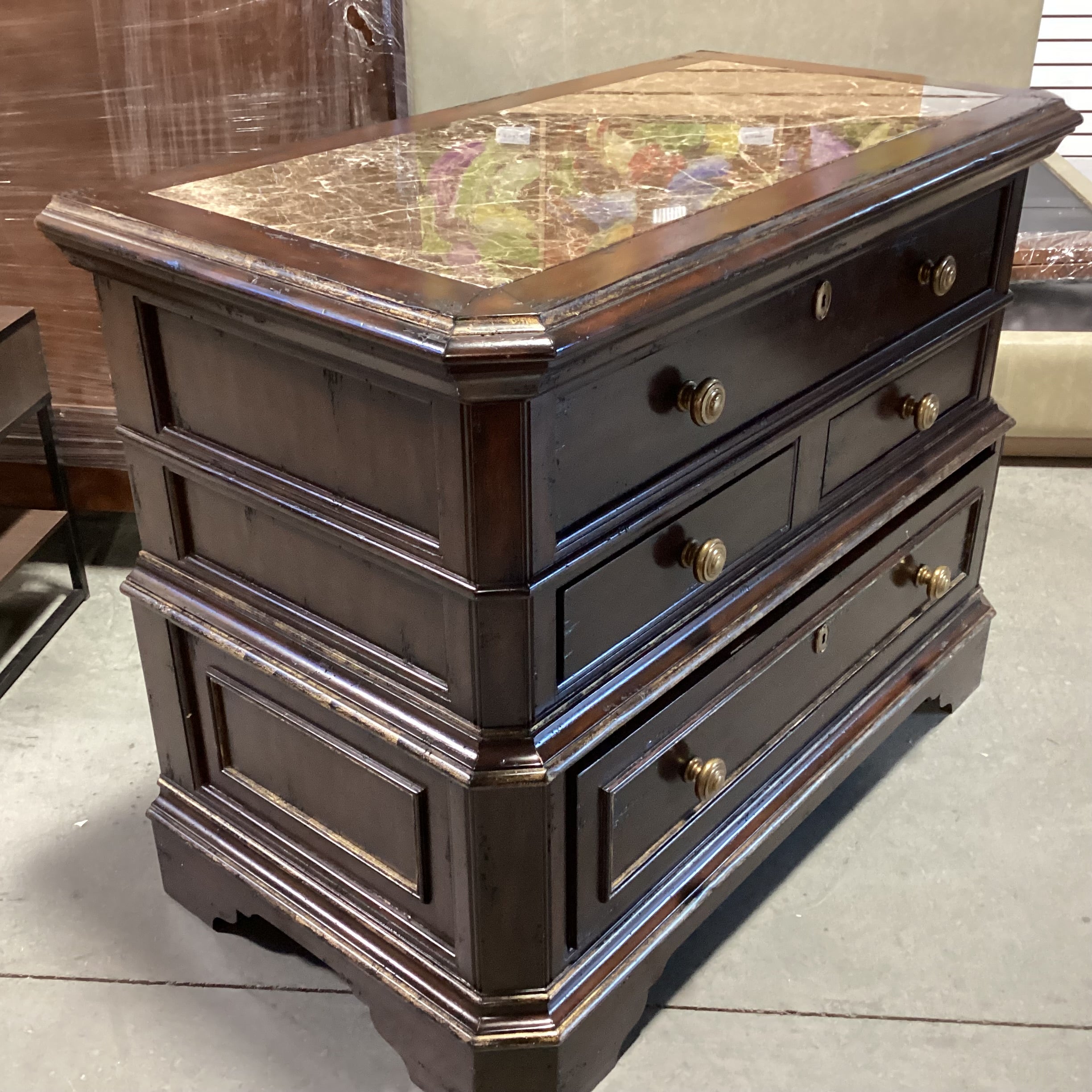 Marge Carson Antiqued Black with Gold Detail Solid Wood Marble Inset 4 Drawer with Brass Chest 46"x 24"x 35.5"