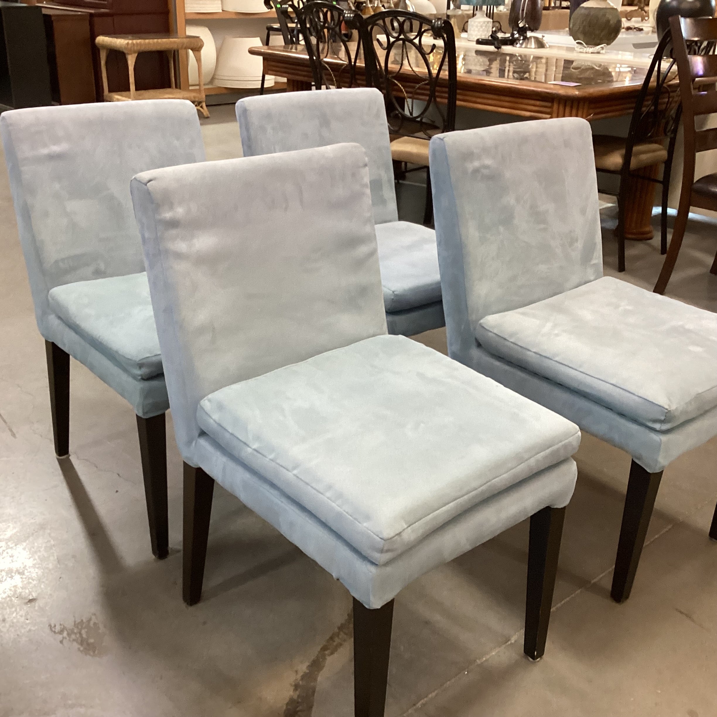 SET of 4 West Elm Blue Ultra Suede & Black Wood Legs Dining Chairs 19"x 24"x 33"19"x 24"x 33"