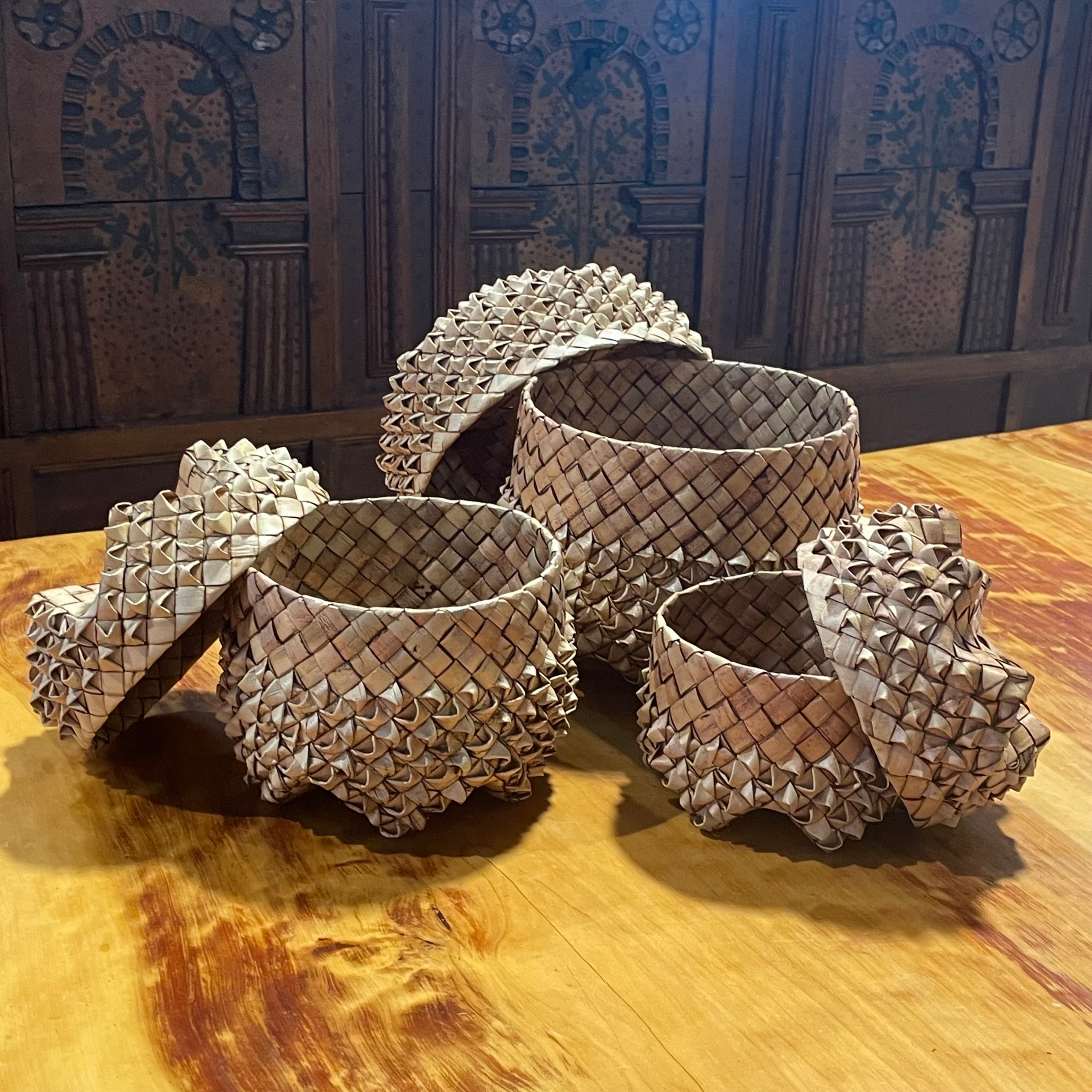 Set of 3 Handwoven Hawaiian Lauhala 6 Point Decorative Lidded Baskets
