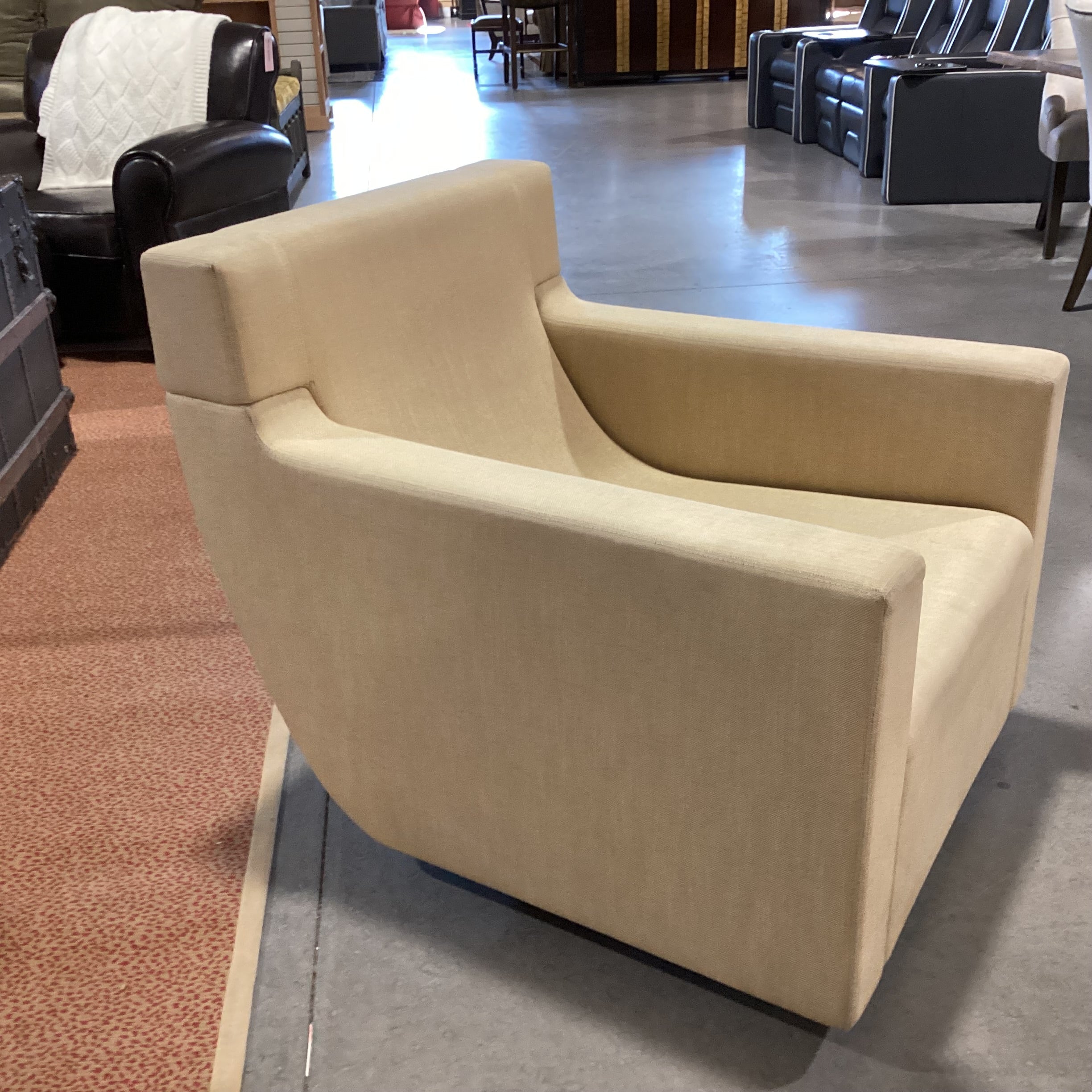 Custom Gold Woven Slope Arm Curved Back Swivel Chair 35"x 38"x 33"