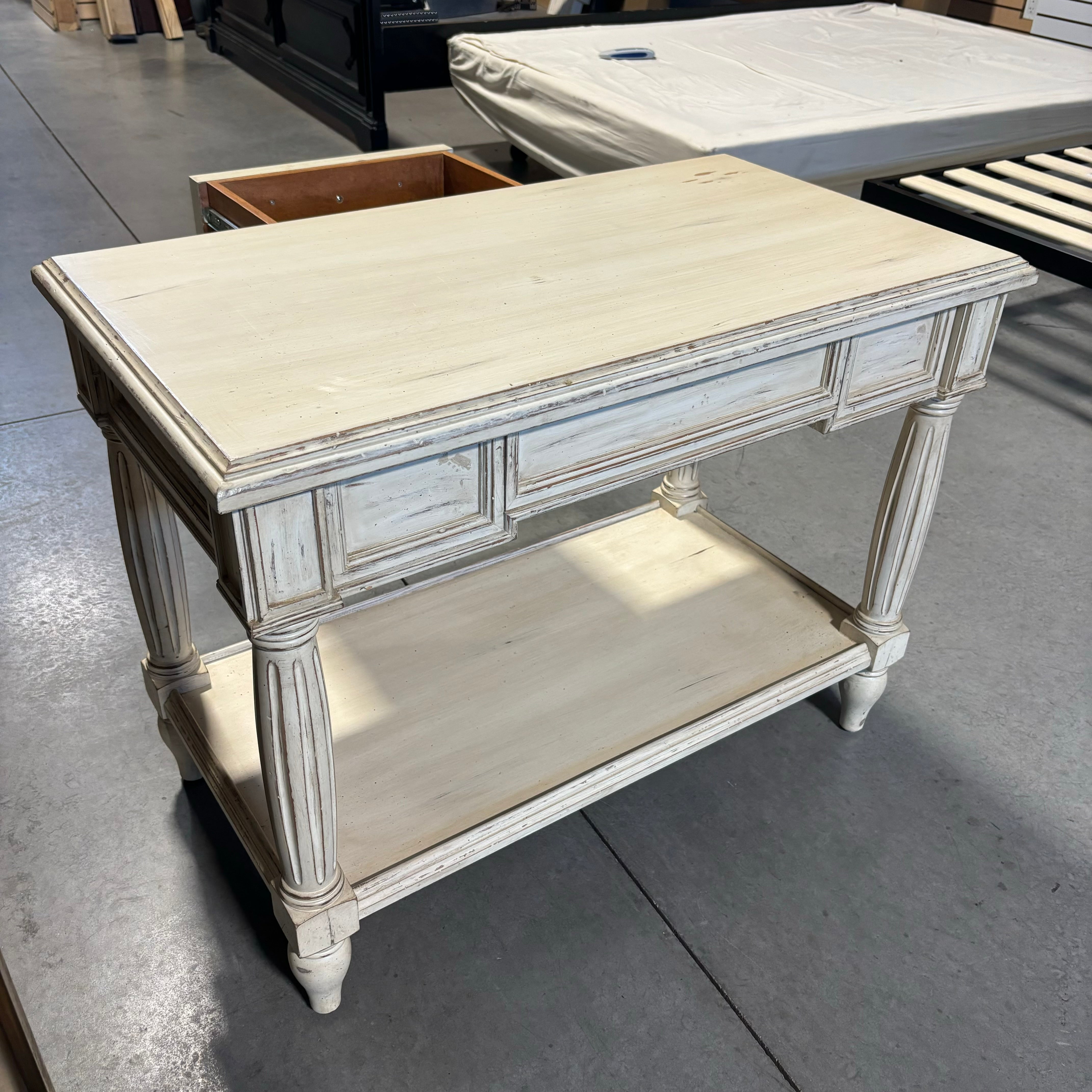 Vintage White Washed Wood 2 Tiered 1 Drawer End Table 36"x 20"x 27"