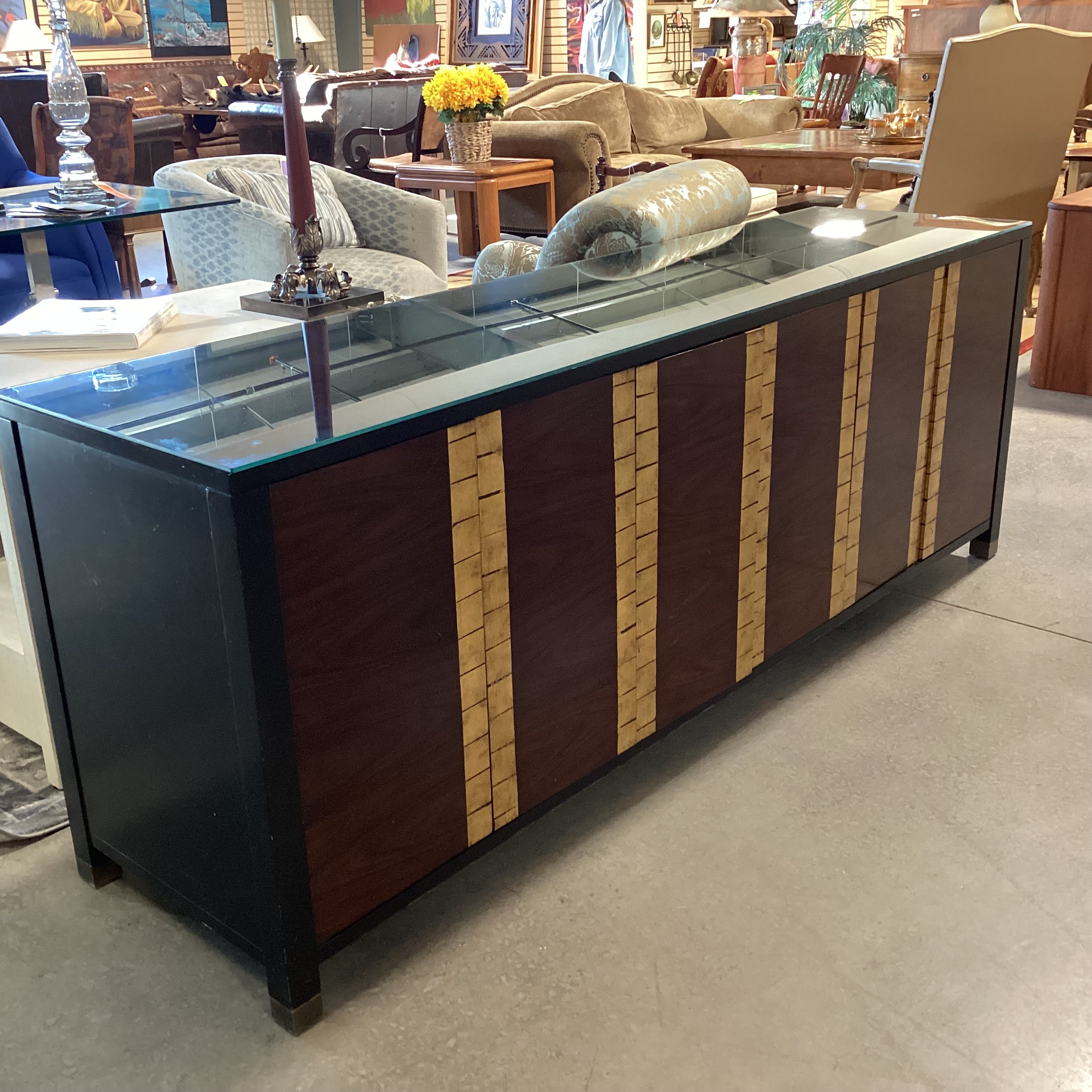 Bolier & Co Vintage Black Lacquer Dark Finished Wood Veneer & Gold Gilt 4 Door 6 Drawer & Shelves Credenza 82"x 21"x 30.5"