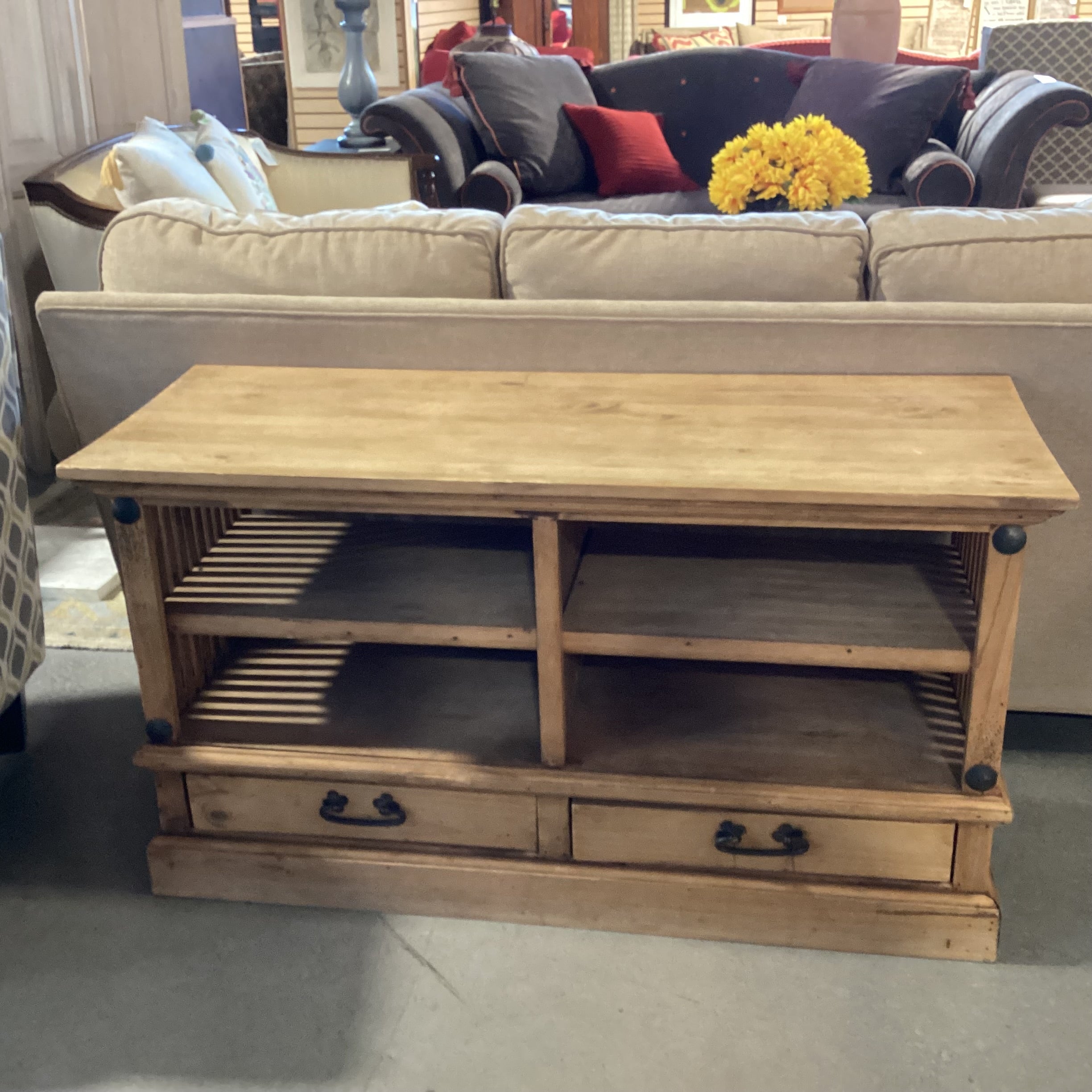 Rustic Natural Pine 2 Drawer with Shelves Console 48"x 18"x 26.5"