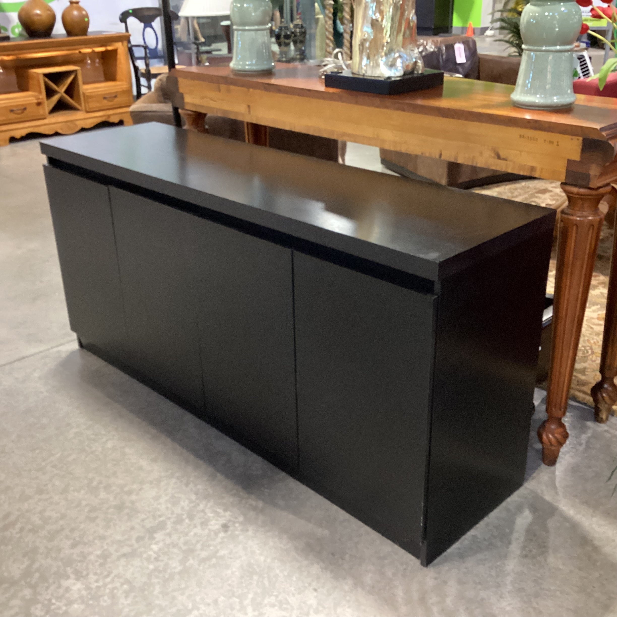 Ebony Finish Veneer 4 Door with Shelves Console Credenza 62.5"x 17.5"x 30"