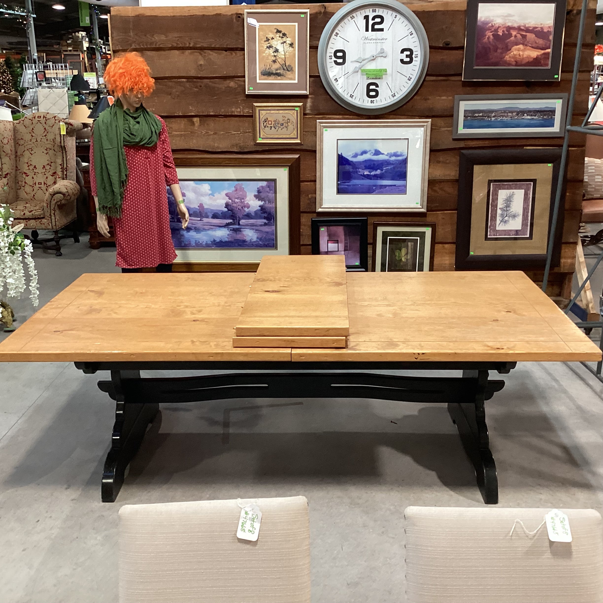 Solid Natural & Dark Green Wood Farmhouse Style with Trestle & 2 Leaves Dining Table 96" to 132"x 47.5"x 31"