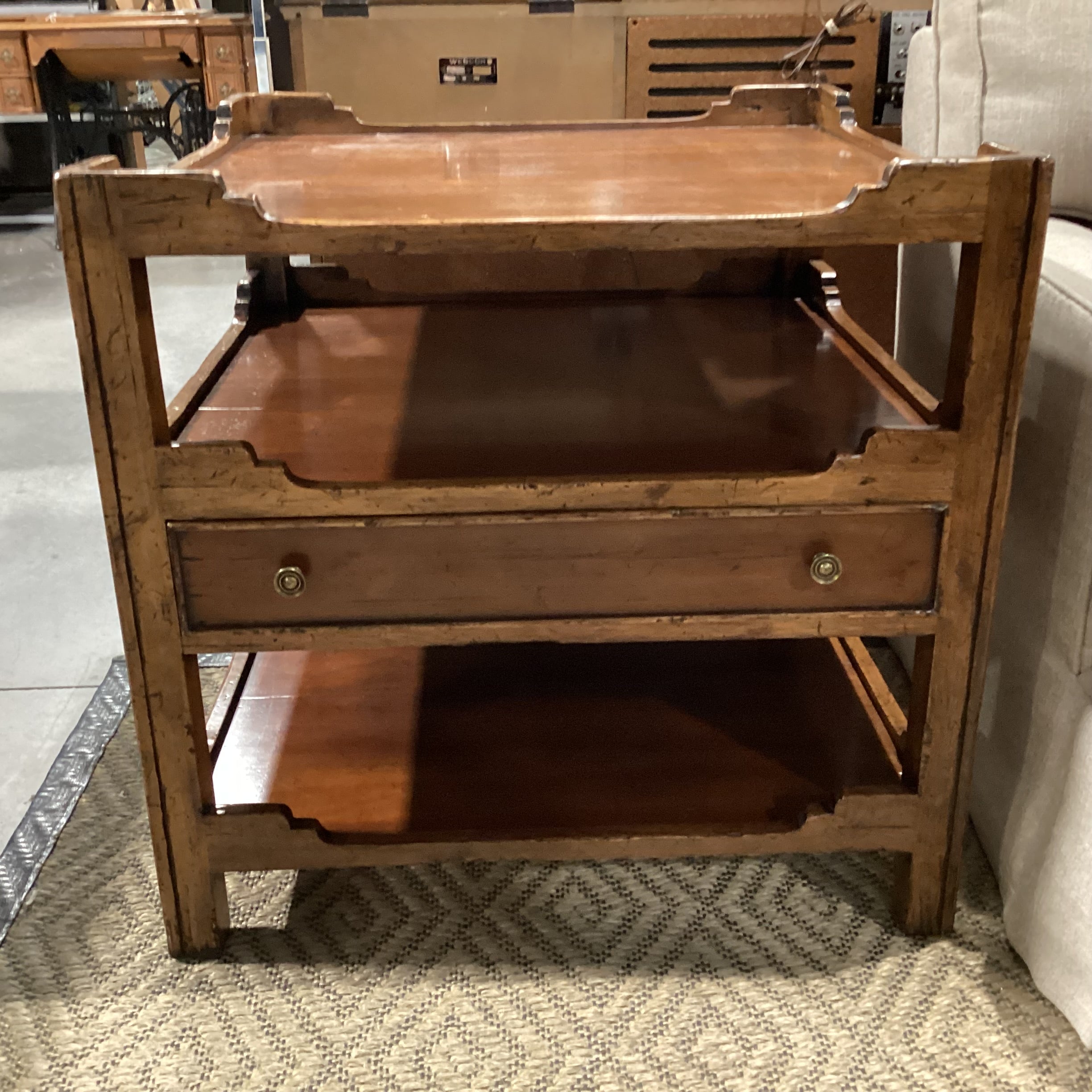 Distressed Carved Wood 3 Tiered 1 Drawer Accent Table 30"x 30"x 29.5"