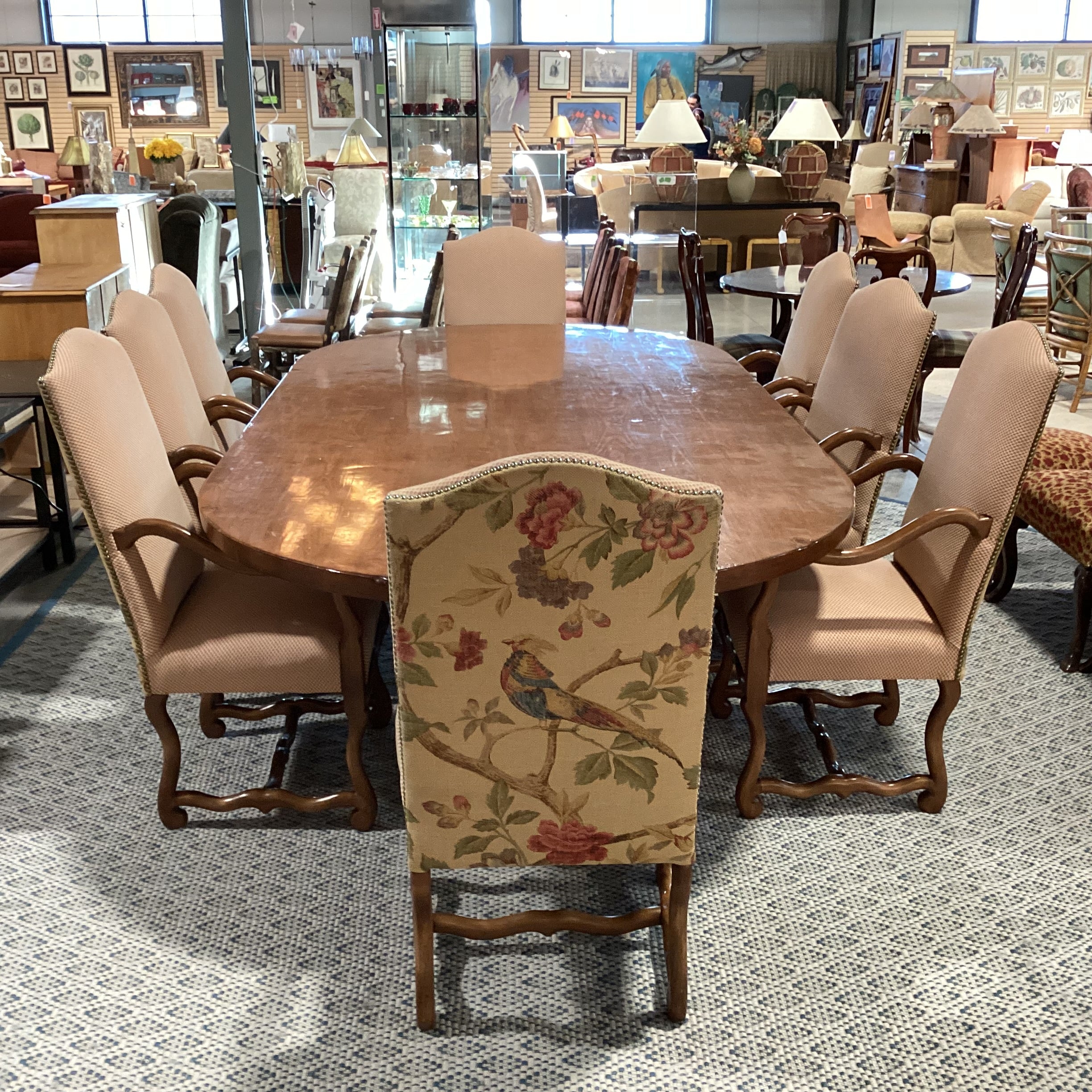 Oval Finished Carved Wood 3 Pedestal Table with 8 Checker Bird Floral Trouvalles Chairs Dining Set 118.5"x 59.5"x 31"