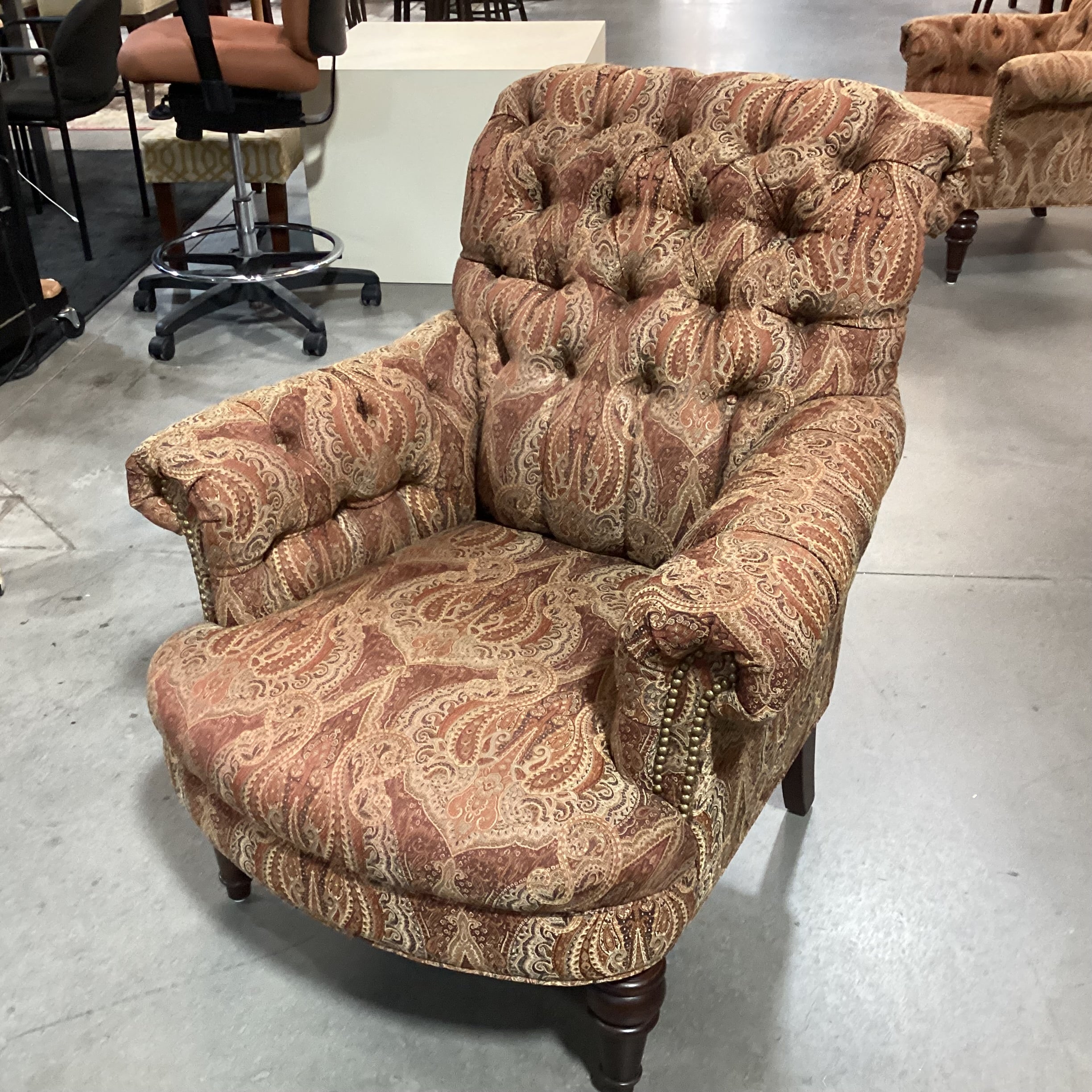 Custom Gold Rust Tan Ornate Paisley Tufted Nailhead with Carved Feet Chair 34"x 38"x 38"