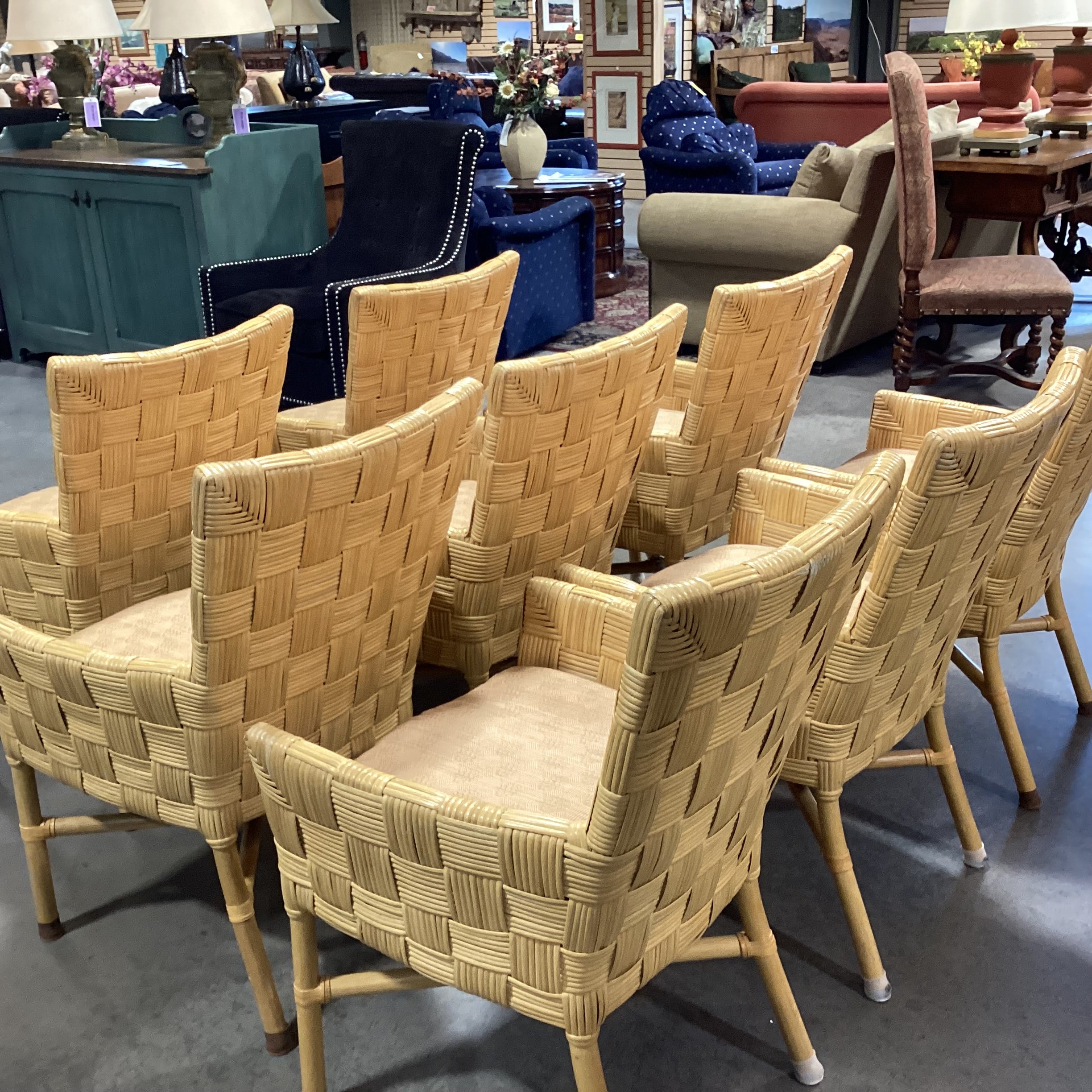 SET of 8 McGuire Style Square Basket Weave Rattan & Leather Strapping with Cushion Dining Chairs 24"x 26"x 36"