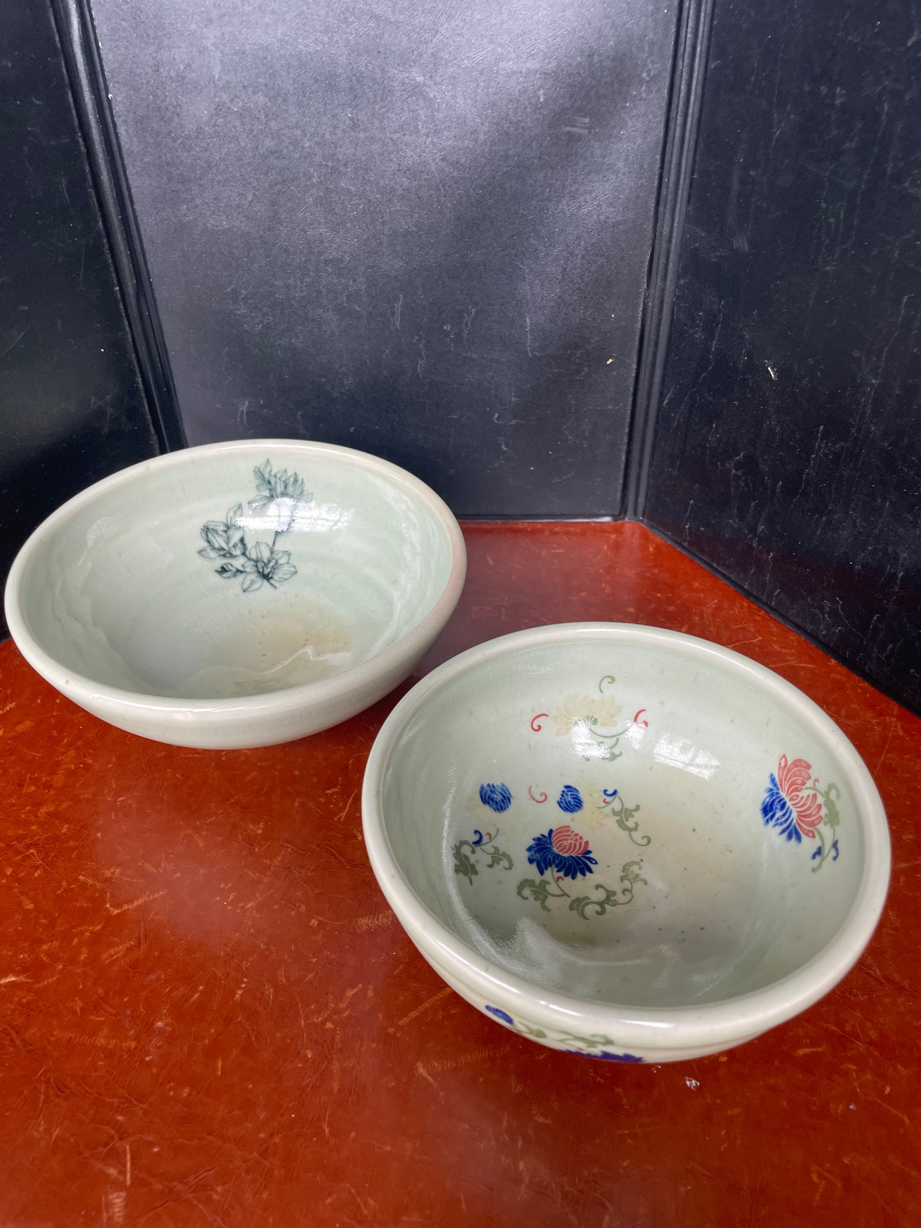Set of 2 Vintage Korean Studio Art  Handpainted Celadon Footed Bowls Signed by Artist