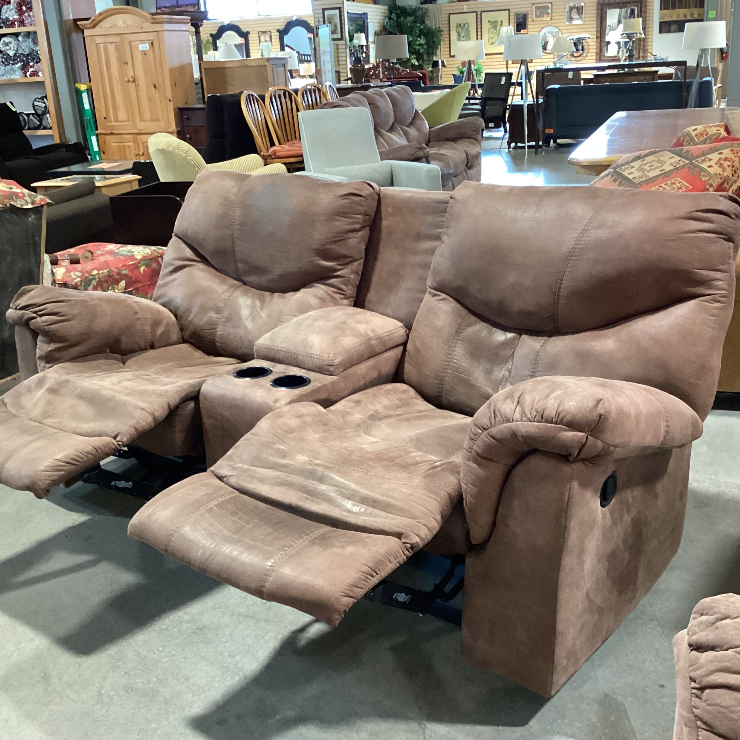 Brown Micro Suede Double Reclining with Console Sofa 85"x 35"x 41"