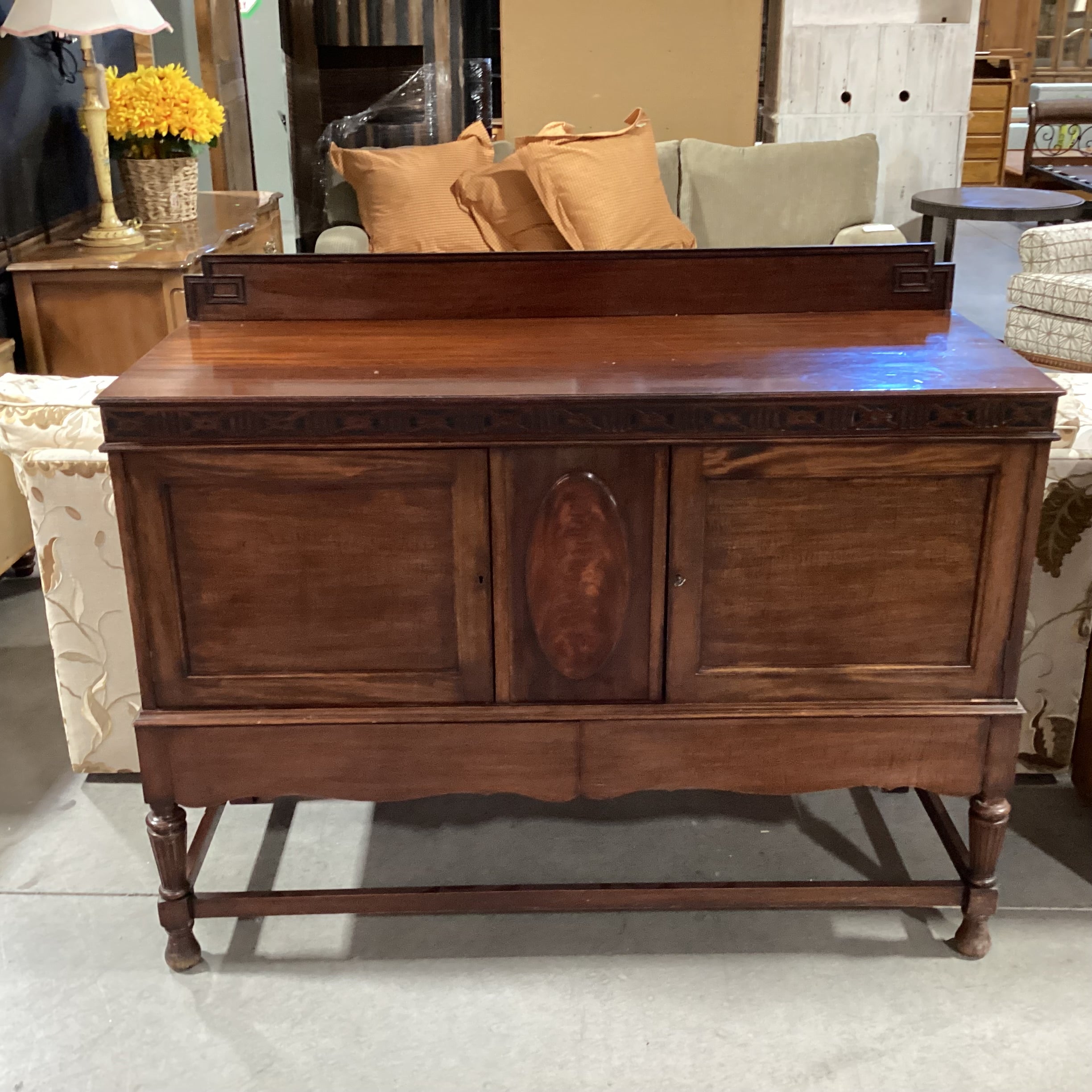 Antique Ribbon Mahogany with Ornate Molding Detail 2 Door Buffet Sideboard 53.5"x 21"x 42.5"