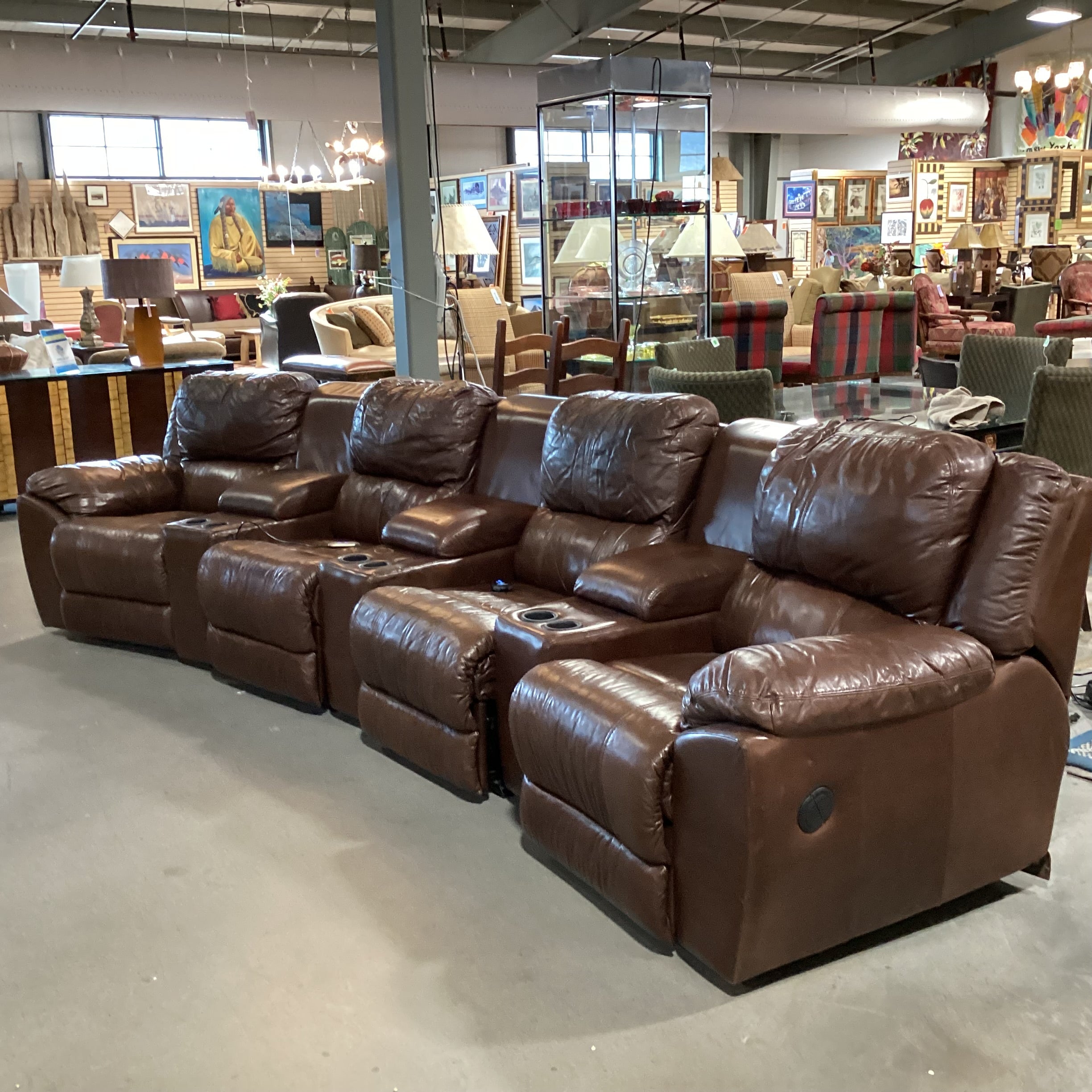 Benson Home Palliser Amaretto Leather 7 Piece with 4 Power Recliners & 3 Consoles Theater Sectional 157"x 41" to 69"x 36"th