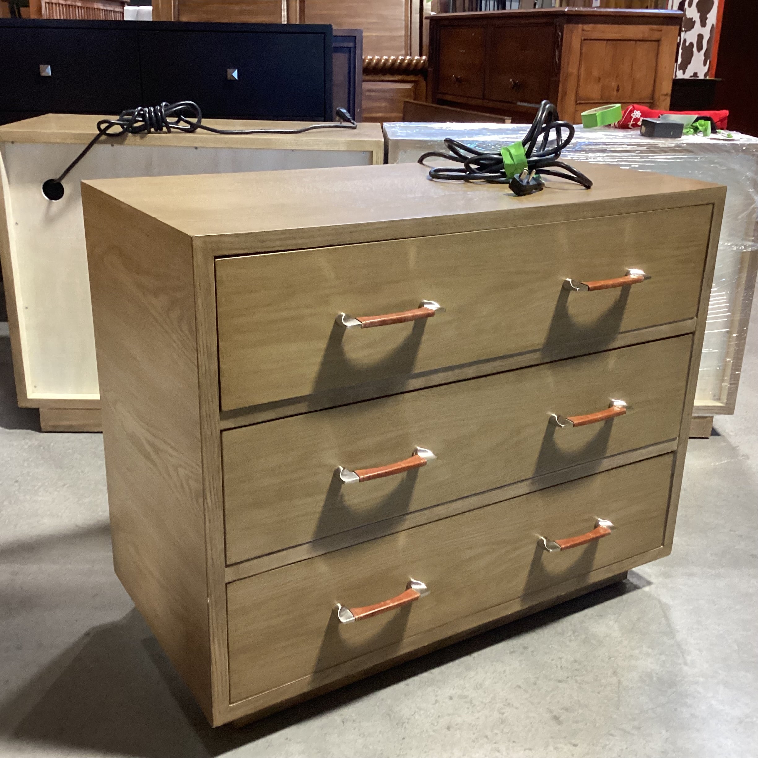 Bryan Ashley Light Finish Oak With Nickle & Leather Pulls 3 Drawer Chest 36"x 19"x 30"