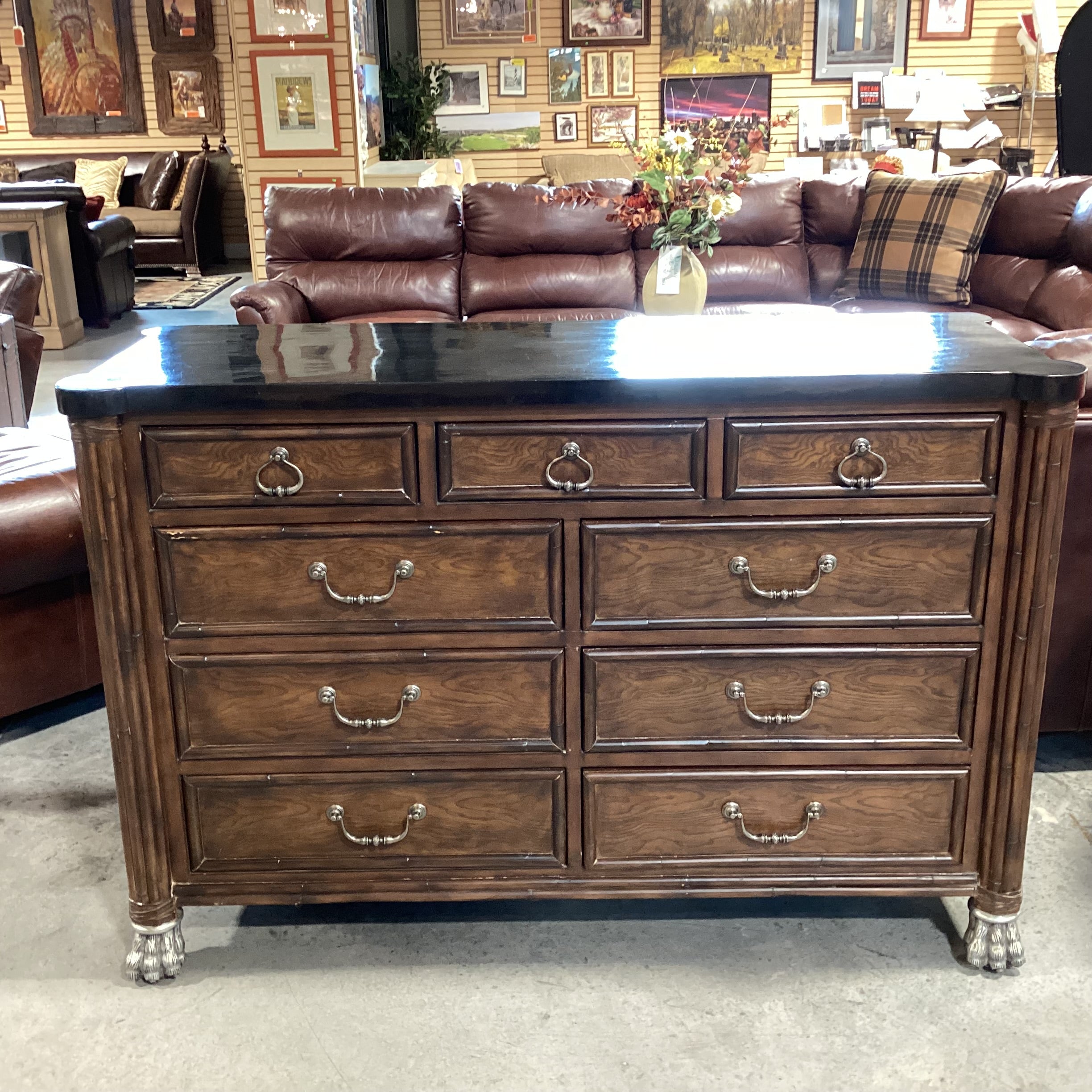 Thomasville Ernest Hemingway Collection Dark Finished Wood Black Faux Stone & Clawfoot Feet 9 Drawer Dresser 60"x 22"x 40"