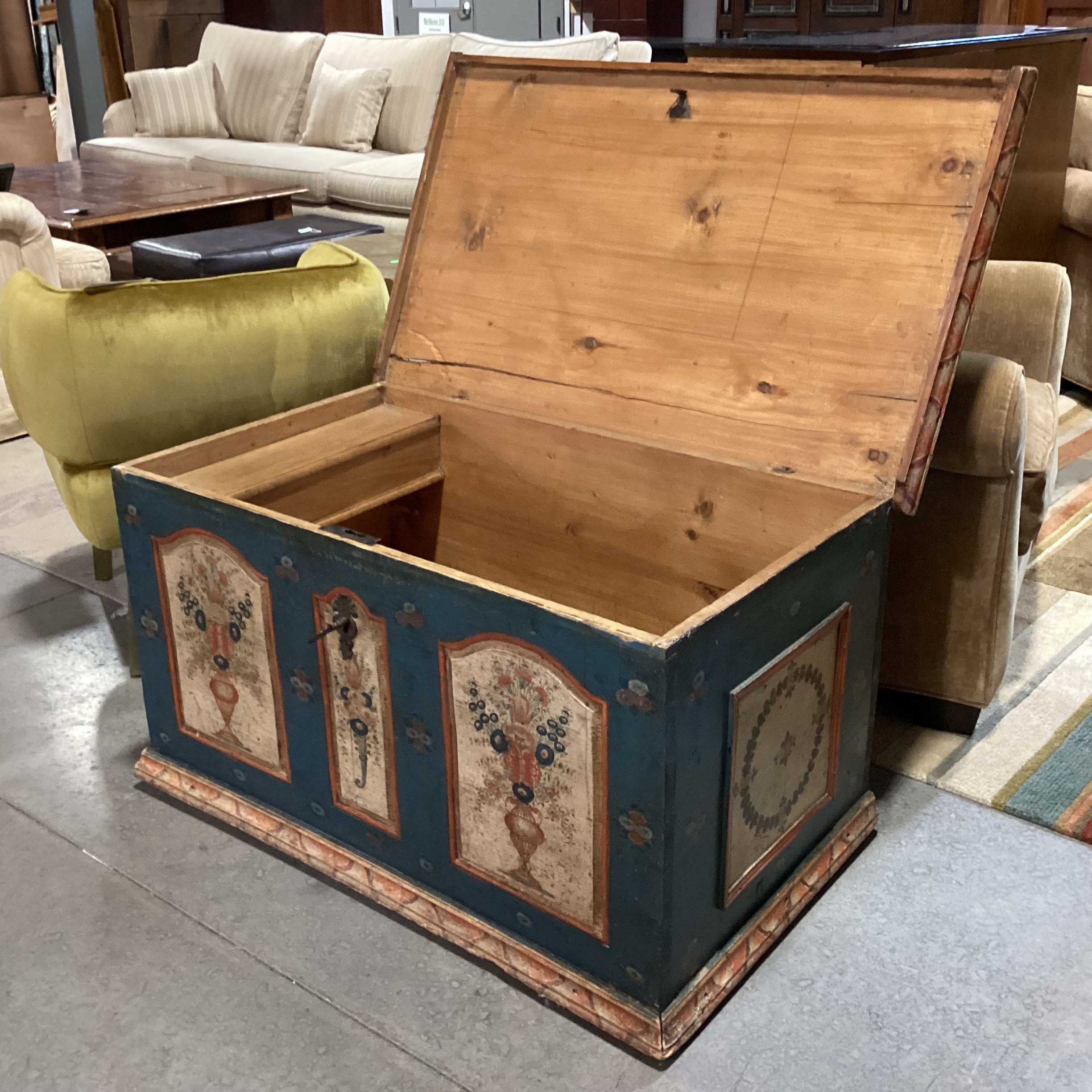 Antique Carved Wood with Hand Painted Floral Panels Trunk 42"x 25"x 23.5"