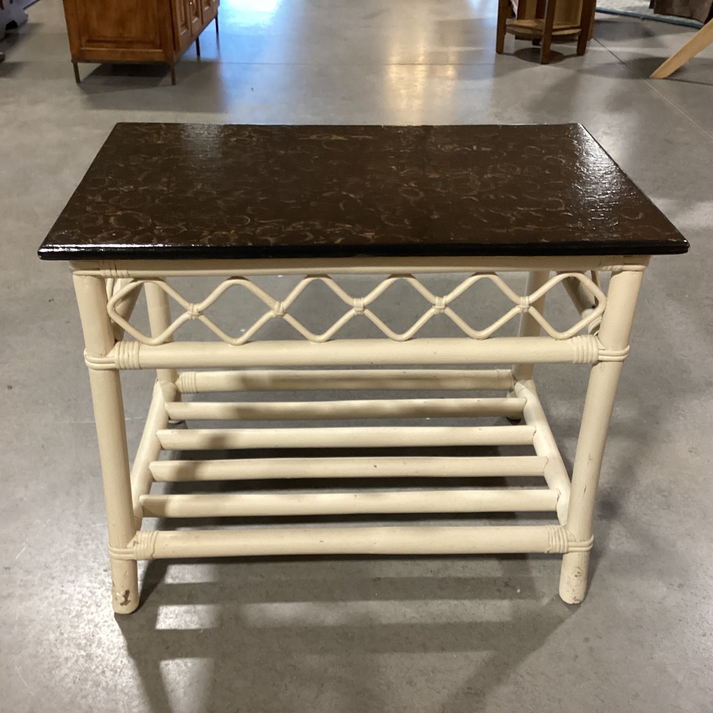 Cream Rattan & Finished Detailed Wood Top Accent Table 30"x 19"x 23.5"