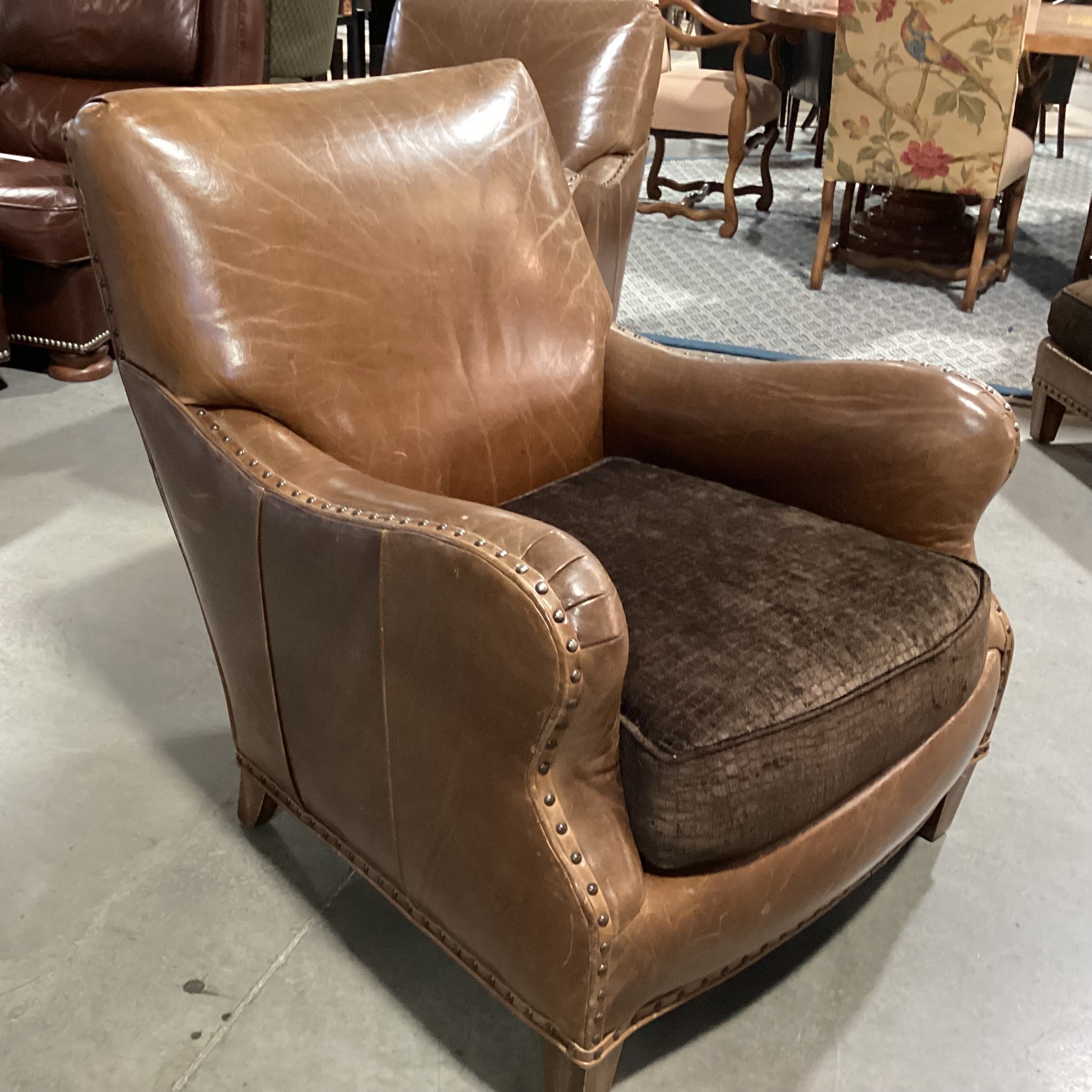 Westley Hall Collection Distressed Leather Nailhead with Brown Upholstered Seat Cushion Chair 31"x 38"x 34"