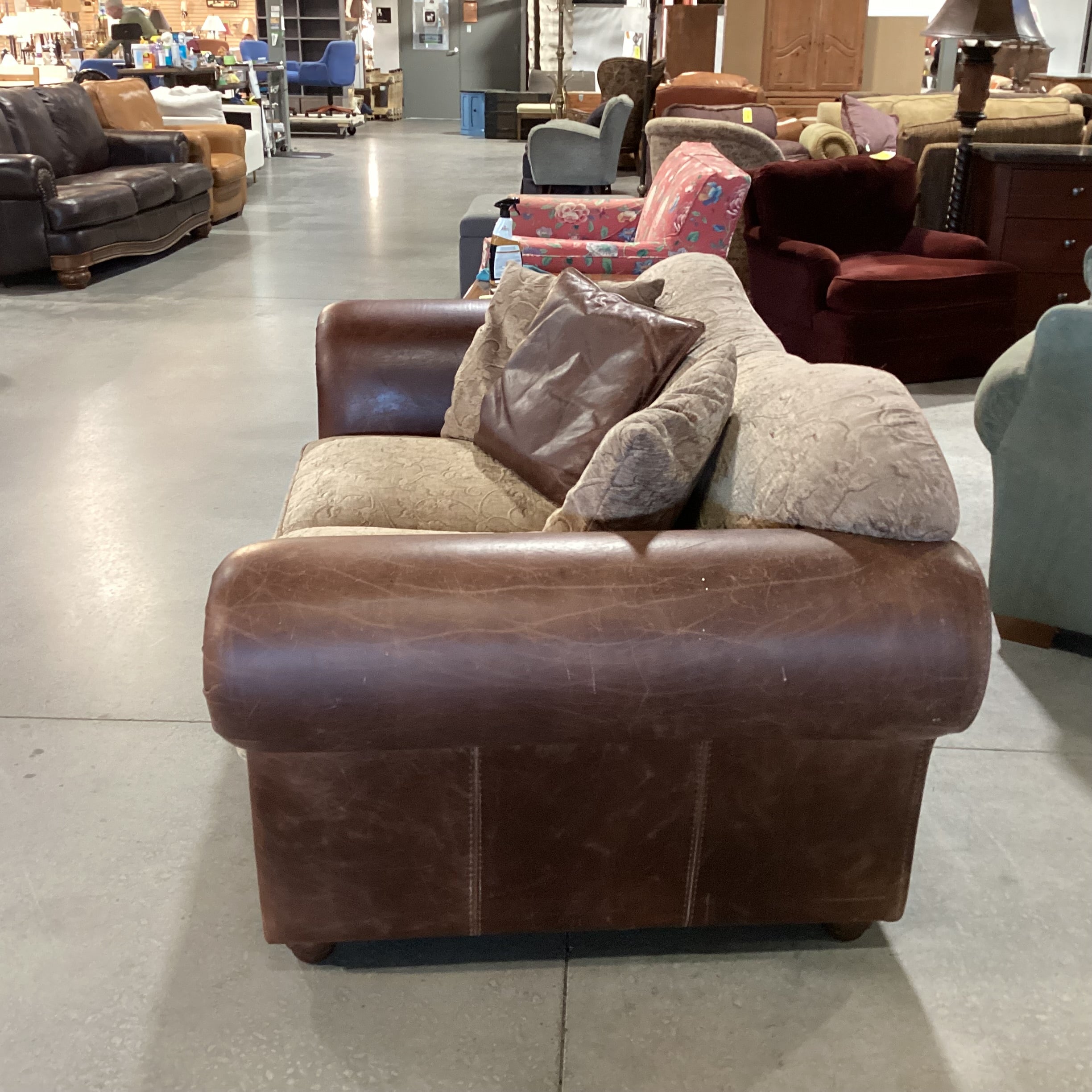 Tan Leaf Vine Design Upholstery & Leather Love Seat Sofa 74"x 37"x 32"