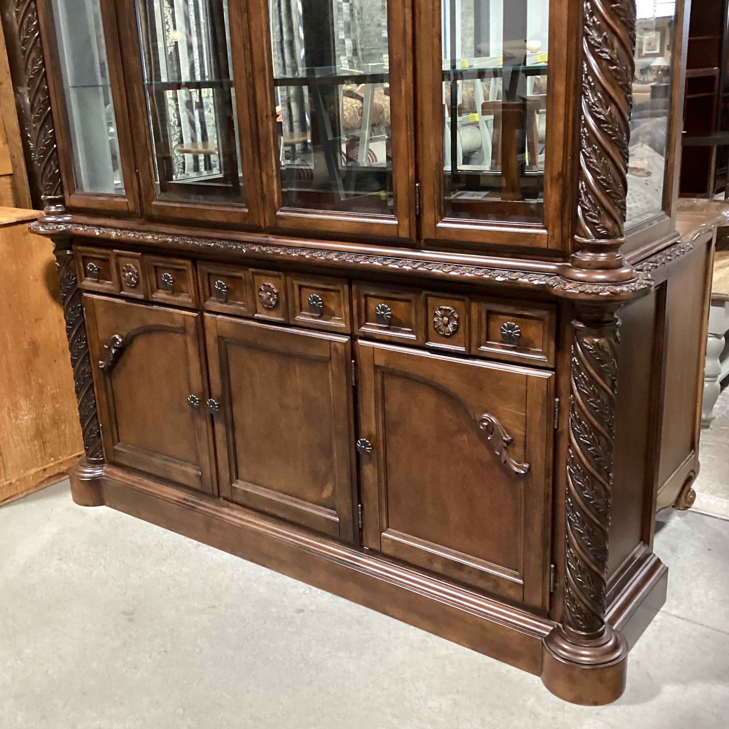 Ashley Furniture North Shore Ornate Carved Wood & Glass 2 Piece China Hutch 71"x 19"x 91"