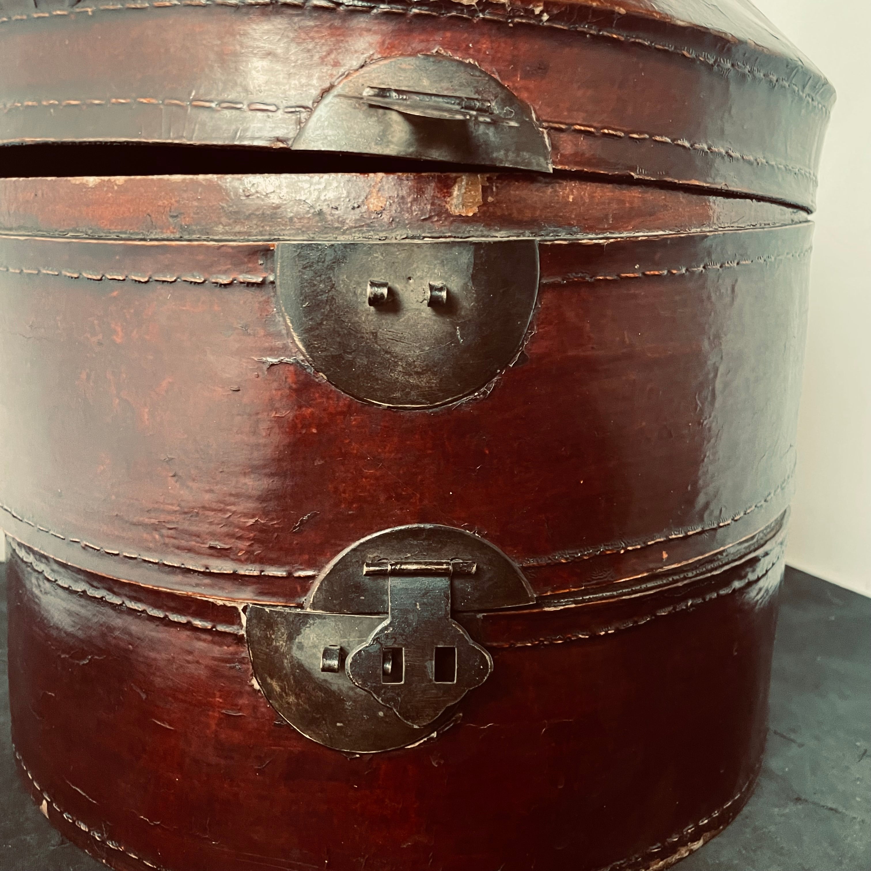 Antique Chinese Dark Red Lacque Leather/iron Hat Box, 13"x 16"