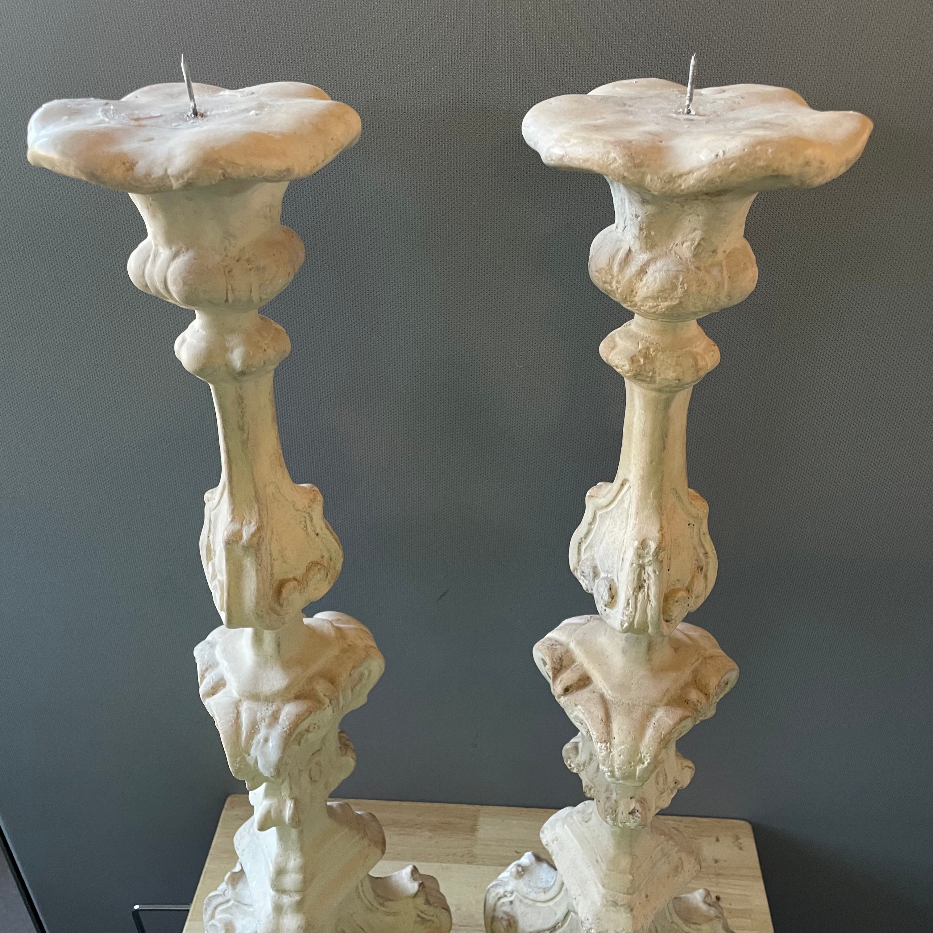 Vintage Baroque Style Composite Floor Candlesticks, Pair, 9.5"x 32"