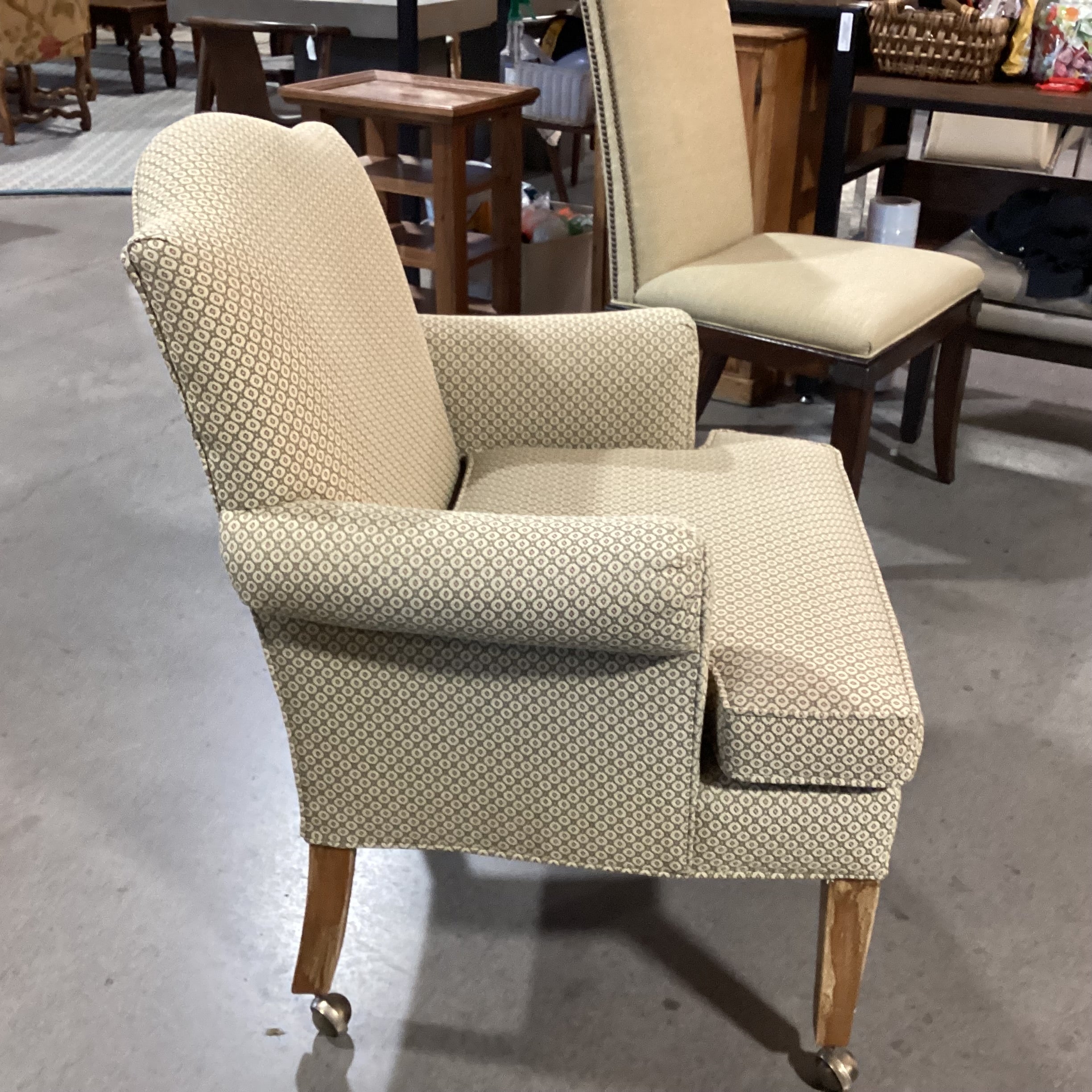 Dindy Foster Interiors Cream & Sage Pattern on Casters Accent Chair 31"x 28"x 36.5"