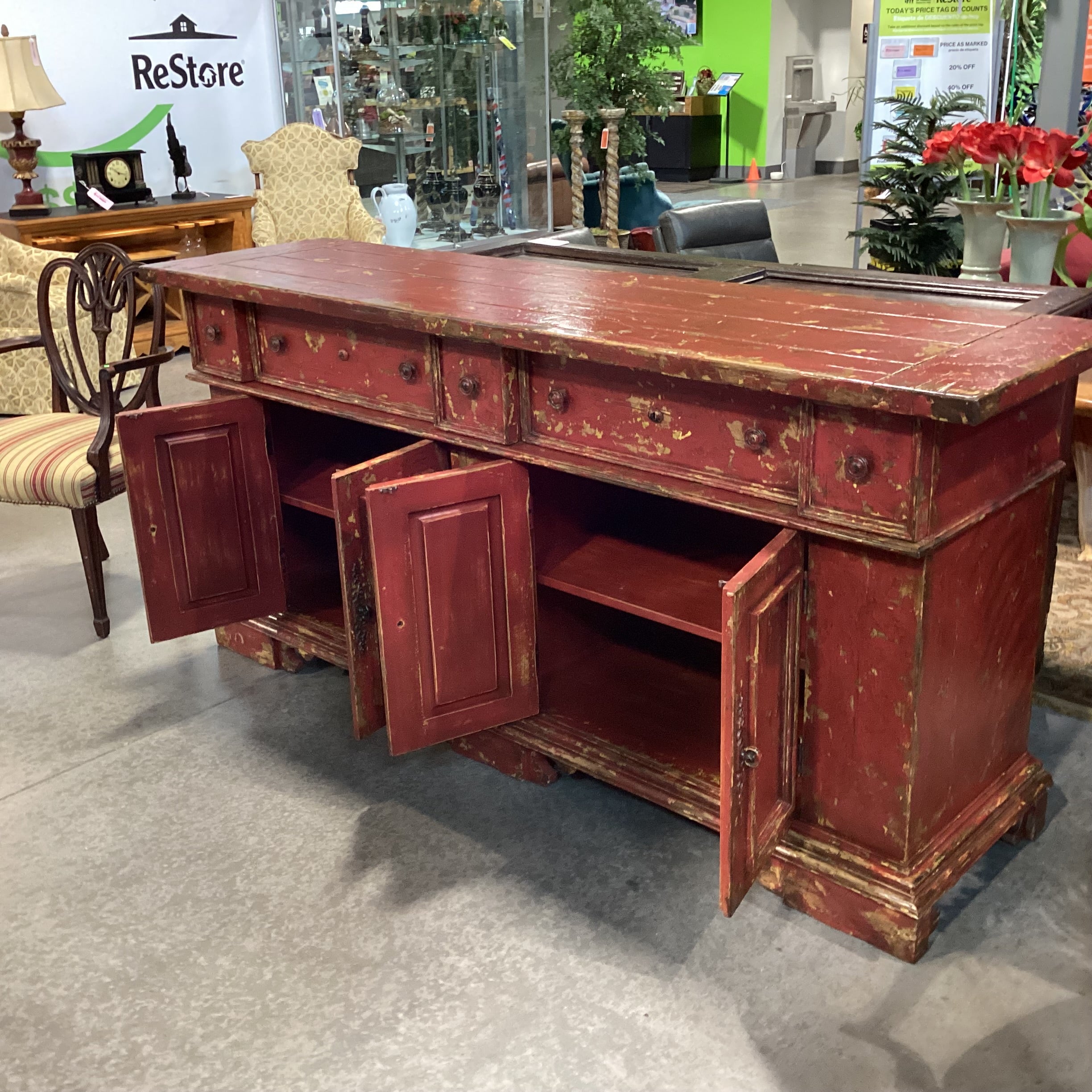 Red & Gold Textured Antiqued Finish Solid Wood 5 Drawer 4 Door Credenza 83"x 22"x 39"