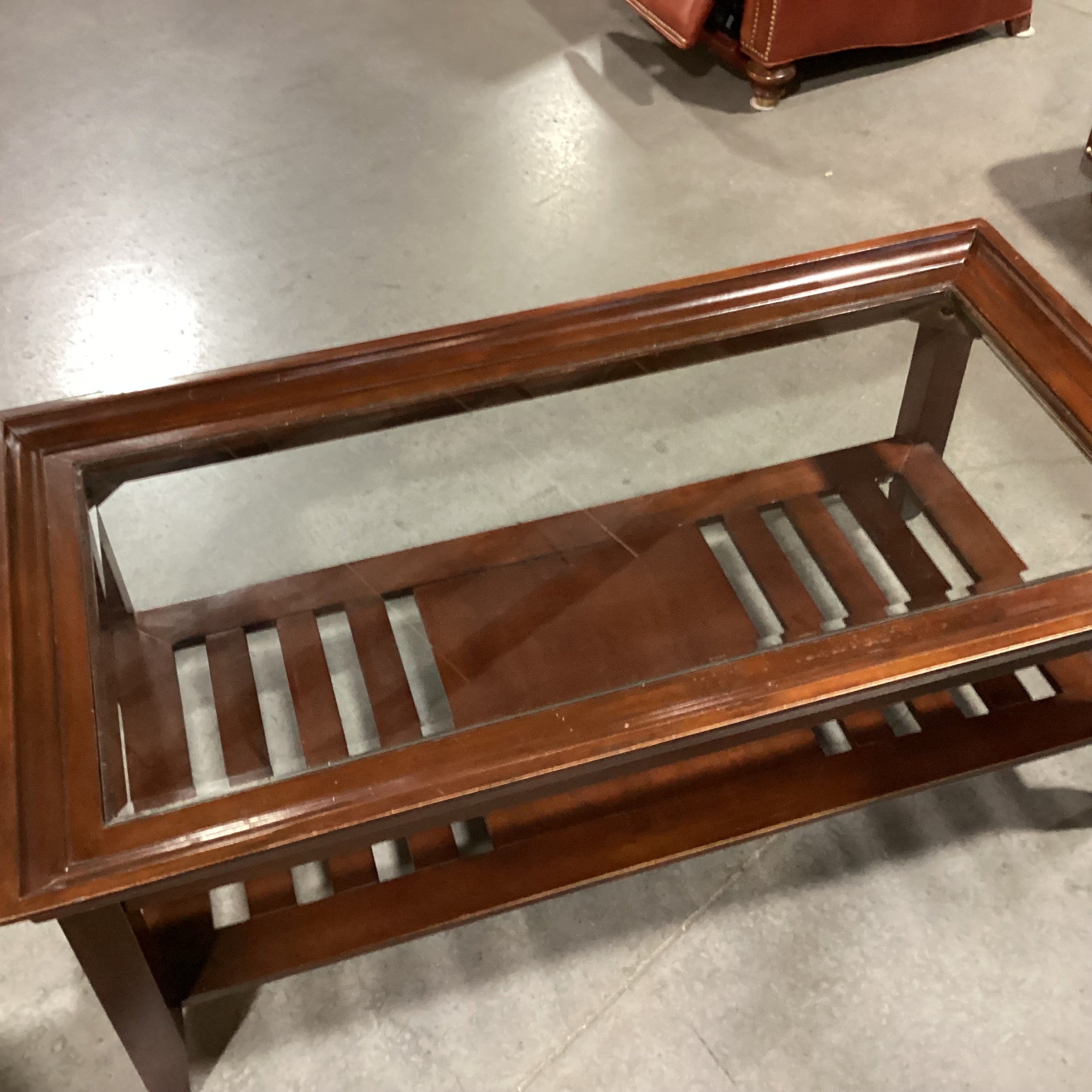 Dark Finished Wood with Slatted Bottom Shelf & Inset Glass Top Coffee Table 50"x 26"x 20"