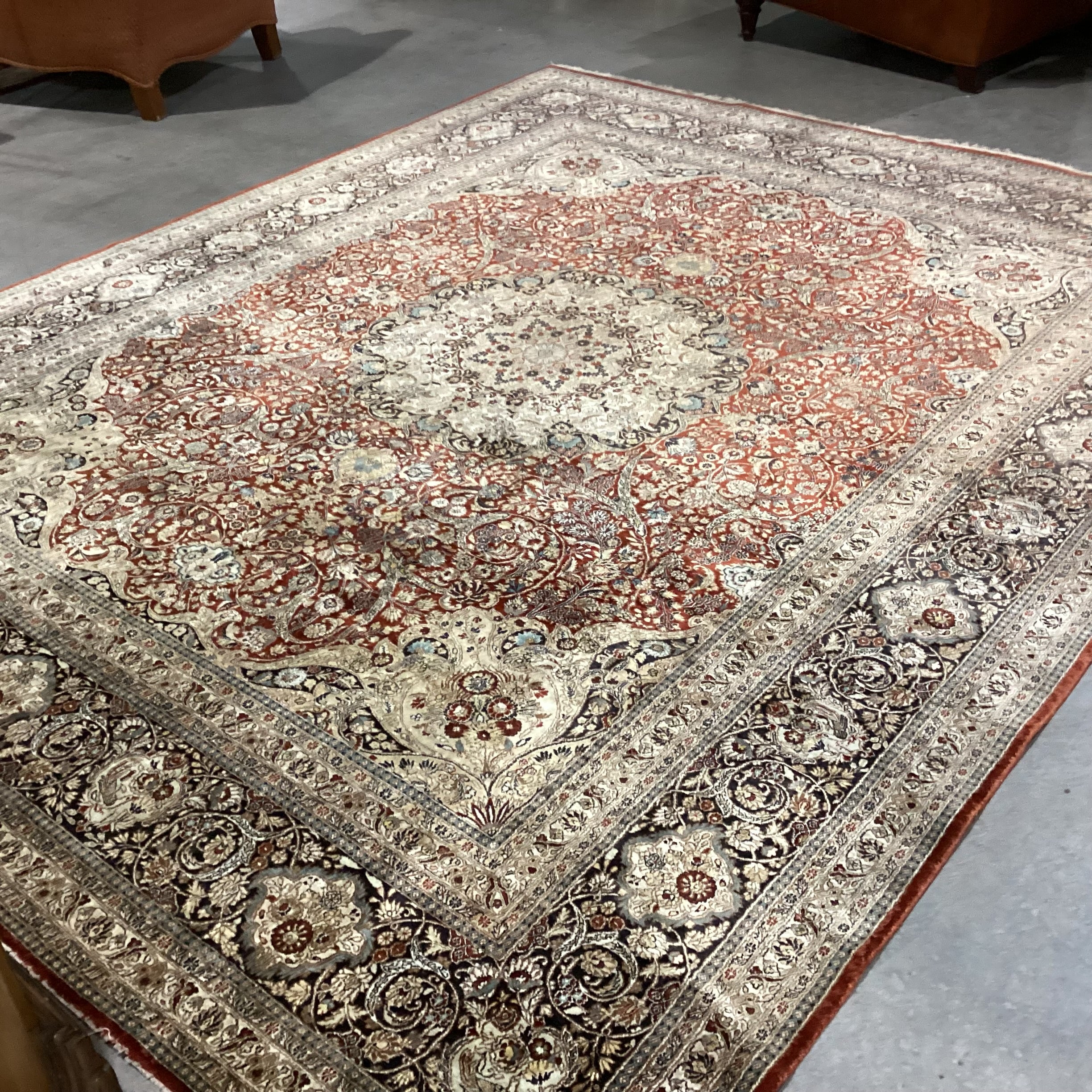 Persian Cream Rust Red Black & Blue Hand Woven Silk Rug 8'1"x 10'1"