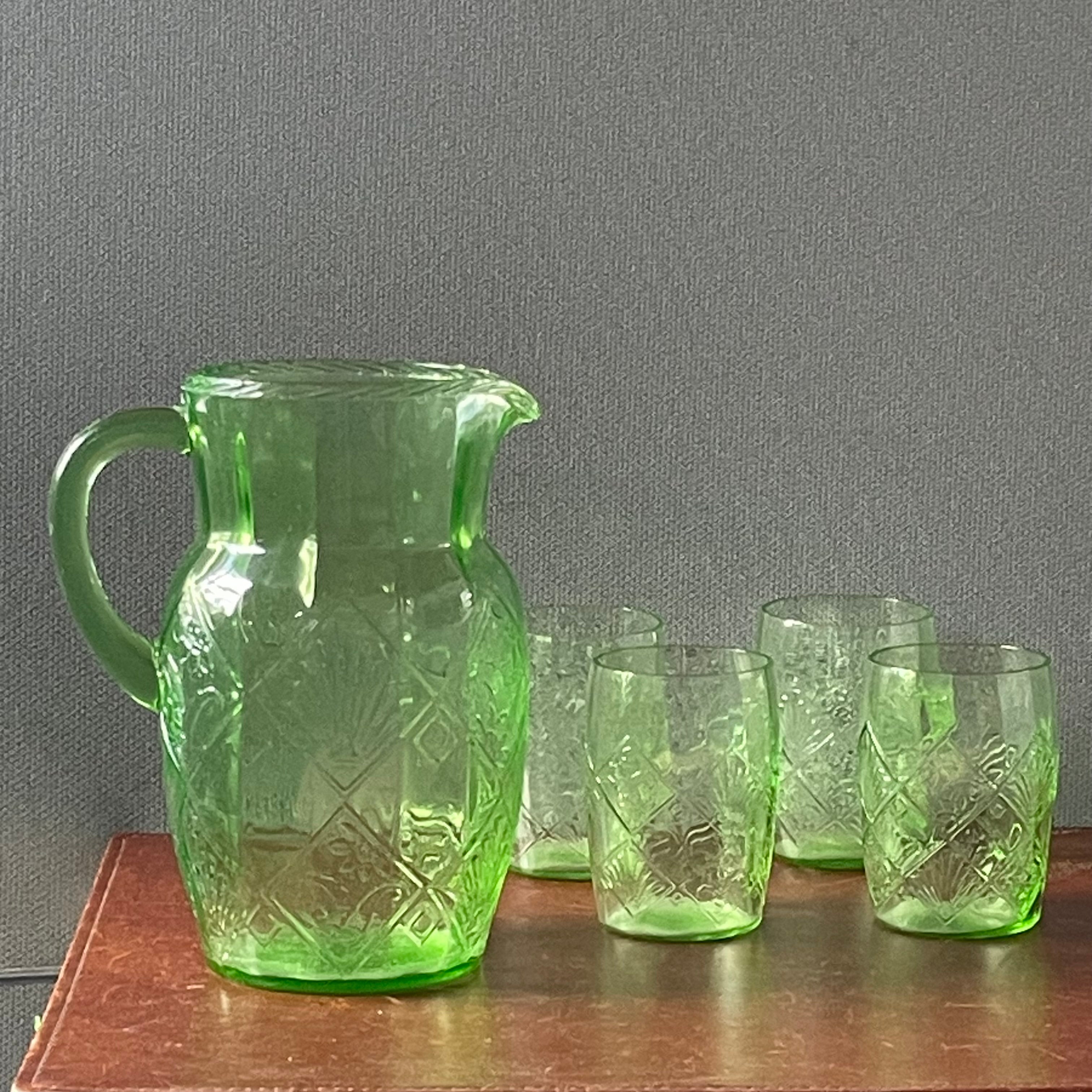 Set of 5 Pieces Vintage Anchor Hocking Fan & Flower Green Uranium Glass Pitcher with 4 Glasses, 1930's