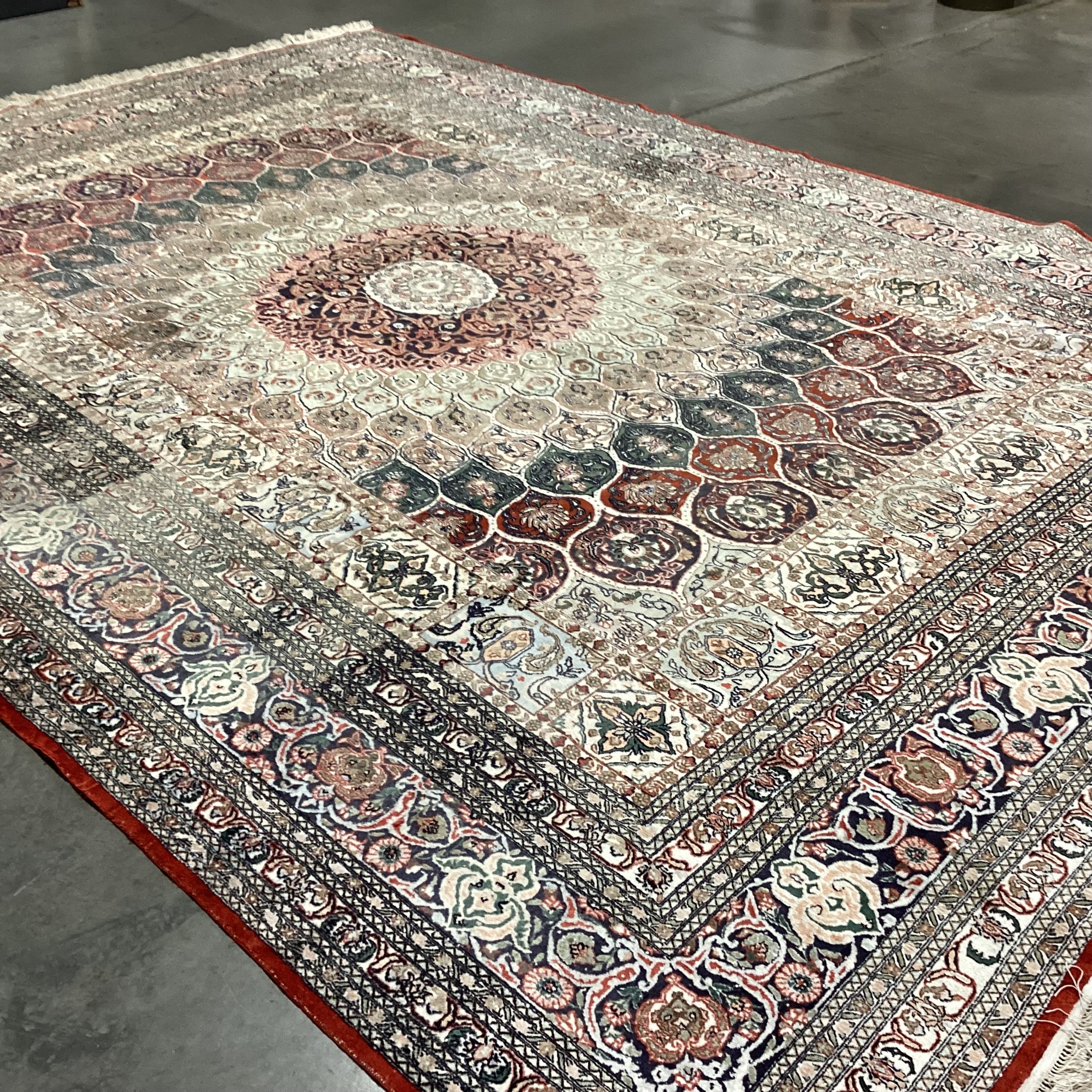 Ivory Rust Coral Blue Green Hand Woven Silk Rug 9'10"x 15.5"