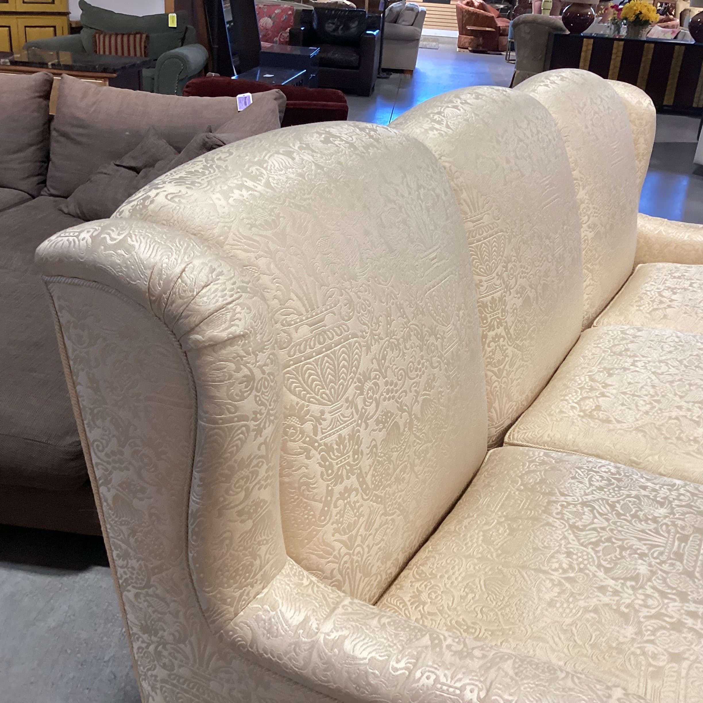 Custom Gold Raised Stitched Floral Urns with Piping & Fringe Down Mix High Back Sofa 102"x 41"x 41"