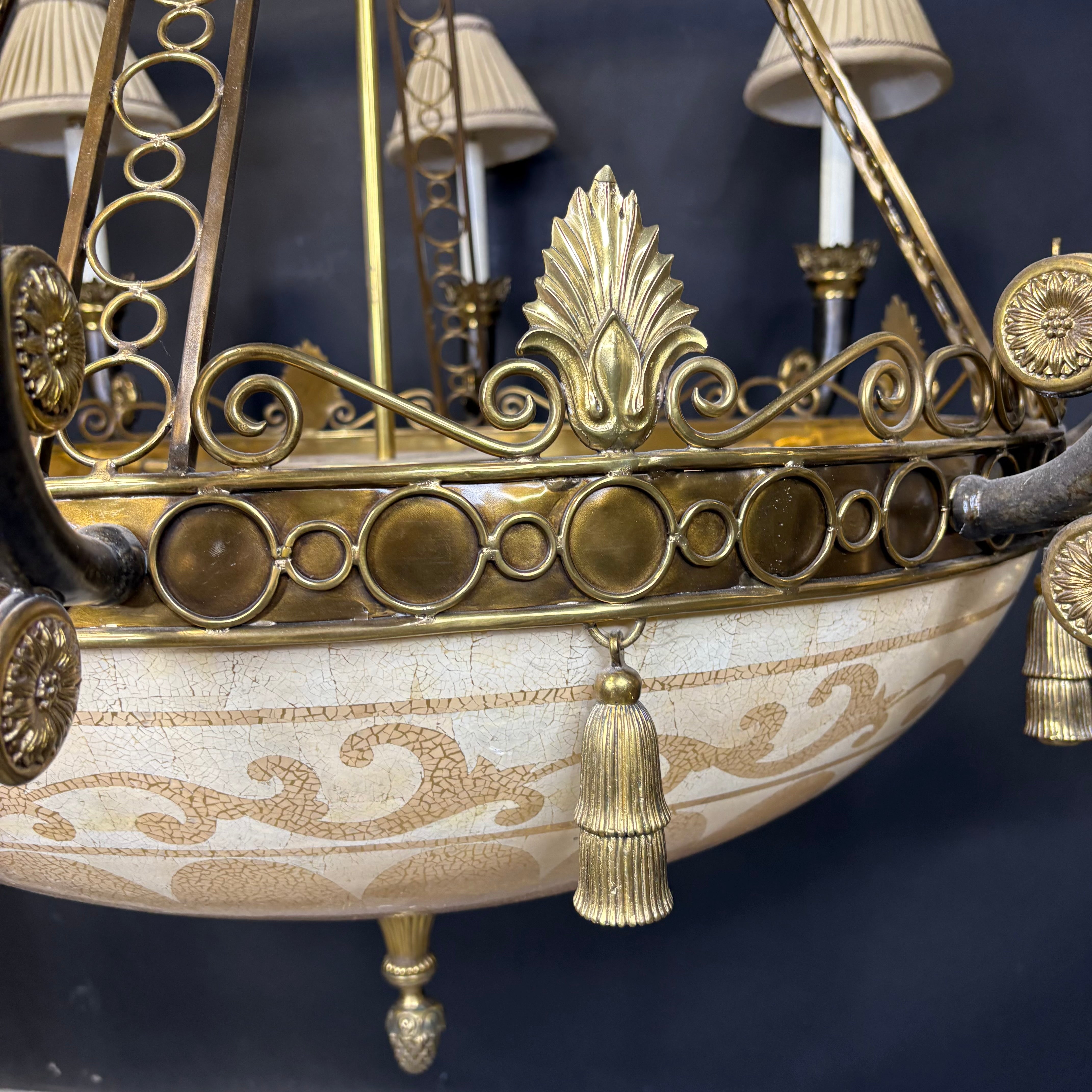 Maitland Smith Ostrich Egg 10-Light Ornate Bronze and Brass with Shades Chandelier 42” Diameter x 46”