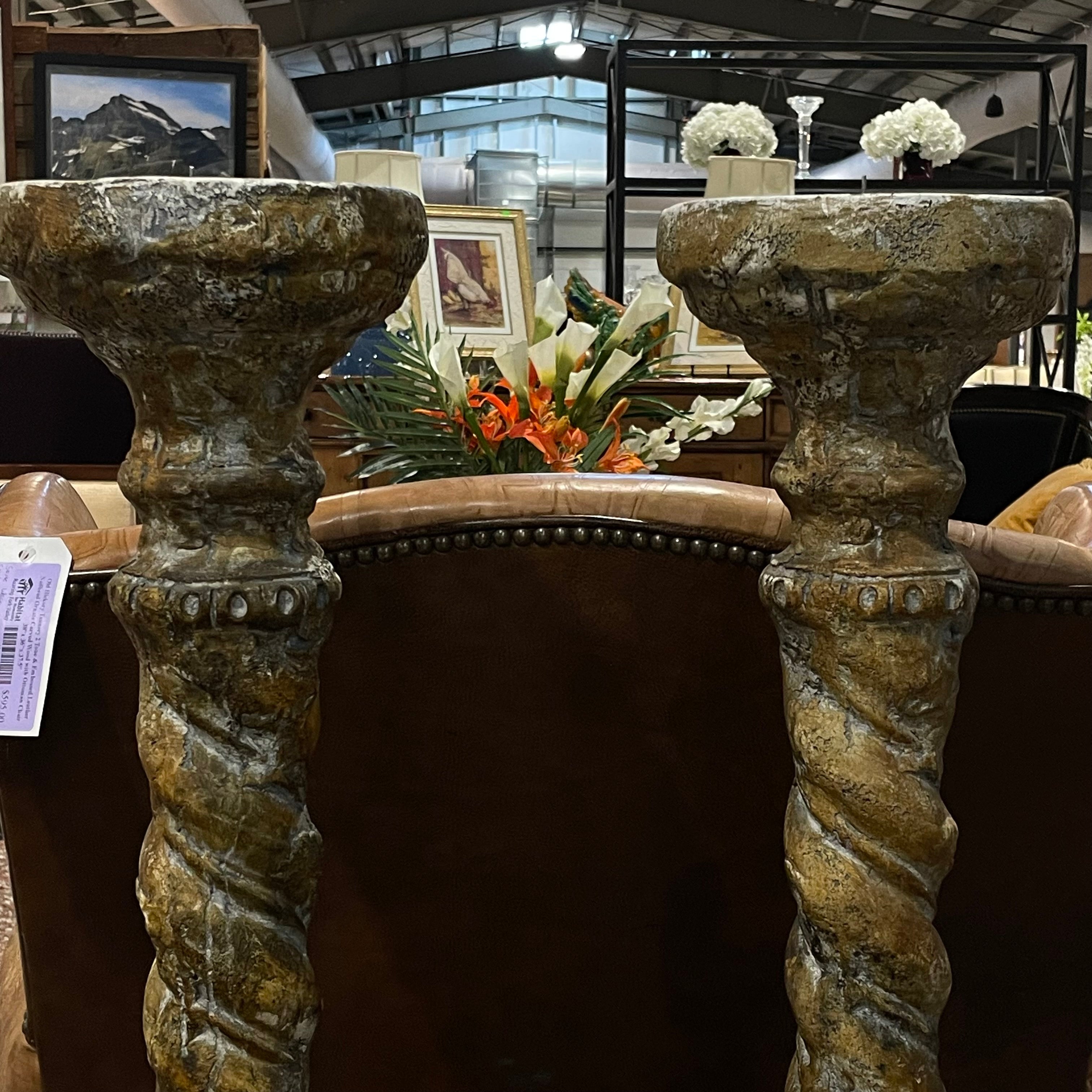 Vintage Original Signed Attila Tivadar Reproduction Cast Stone Composite Neoclassical Barley Twist Candle Holders, Pair