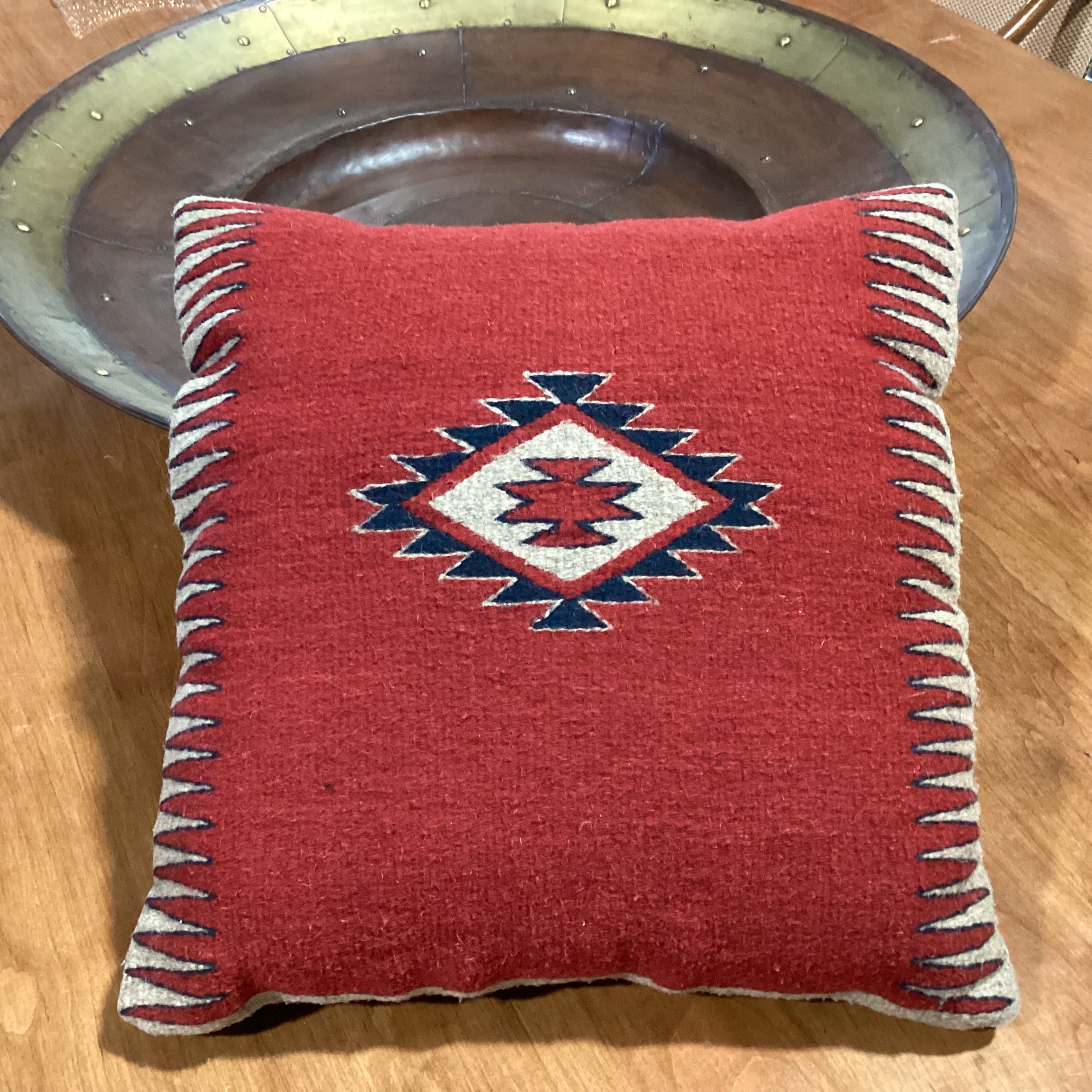 Native American Red Blue Tan Hand Woven Wool Accent Pillow 20"x 20"