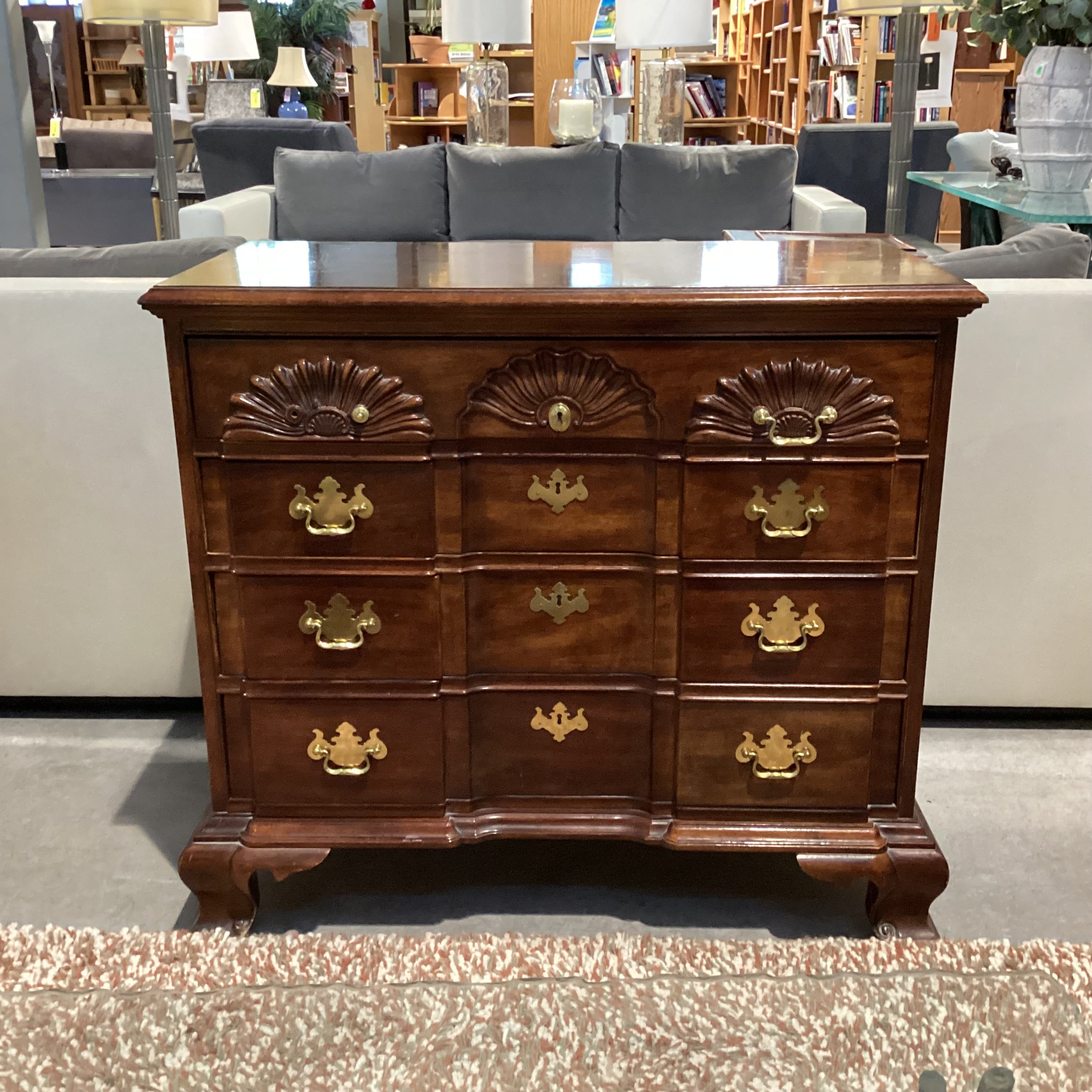 Thomasville The Mahogany Collection Ornate Carved with Brass 4 Drawer Chest 37.5"x 19.5"x 34"