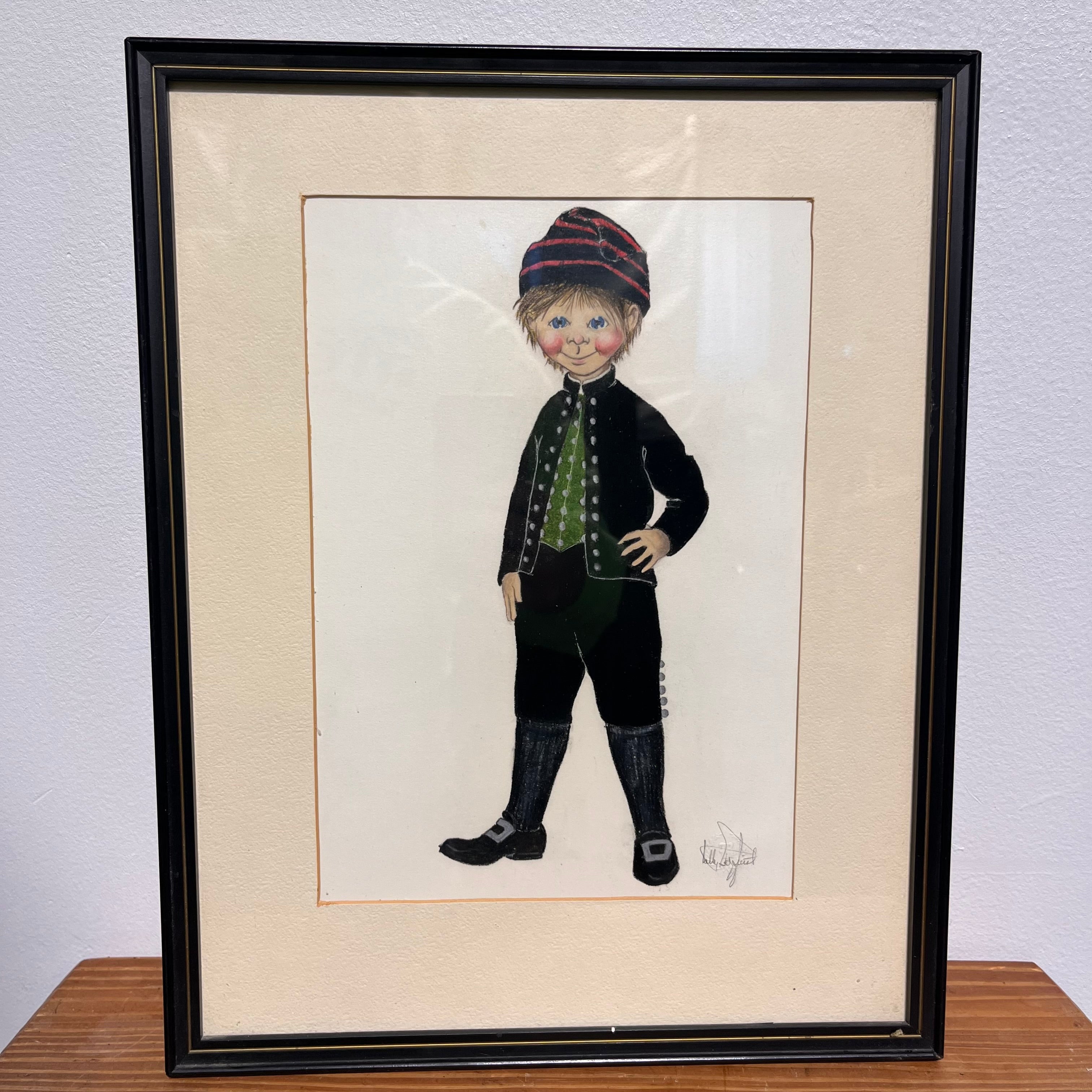 Original Drawing of Icelandic Boy in Folk Costume Wall Decor; 11.75"x 14.75"